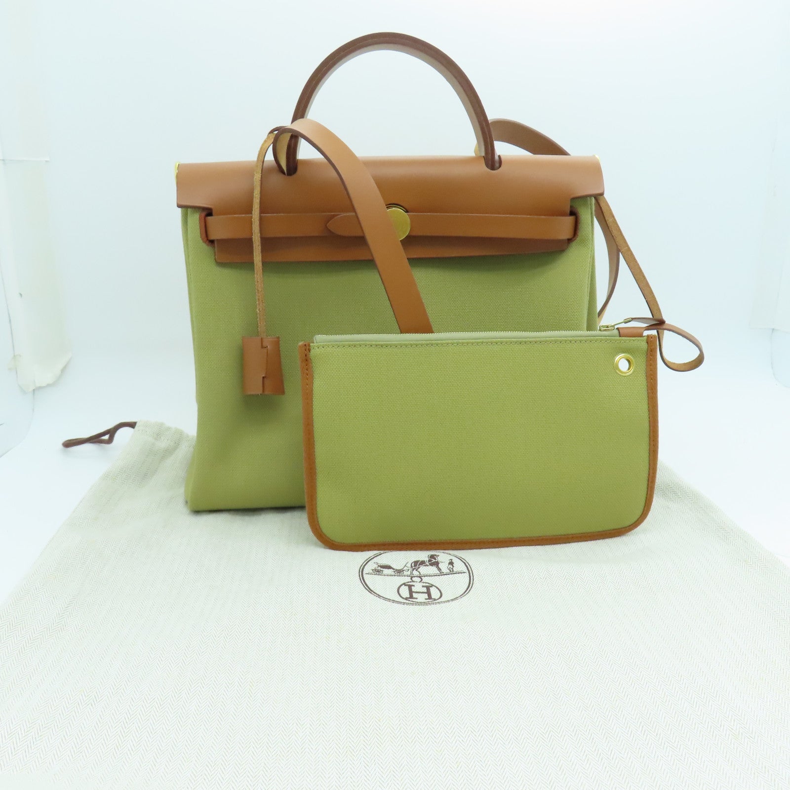 HERMES Toile H帆布Herbag PM金扣手挽肩背两用袋啡色Poussiere