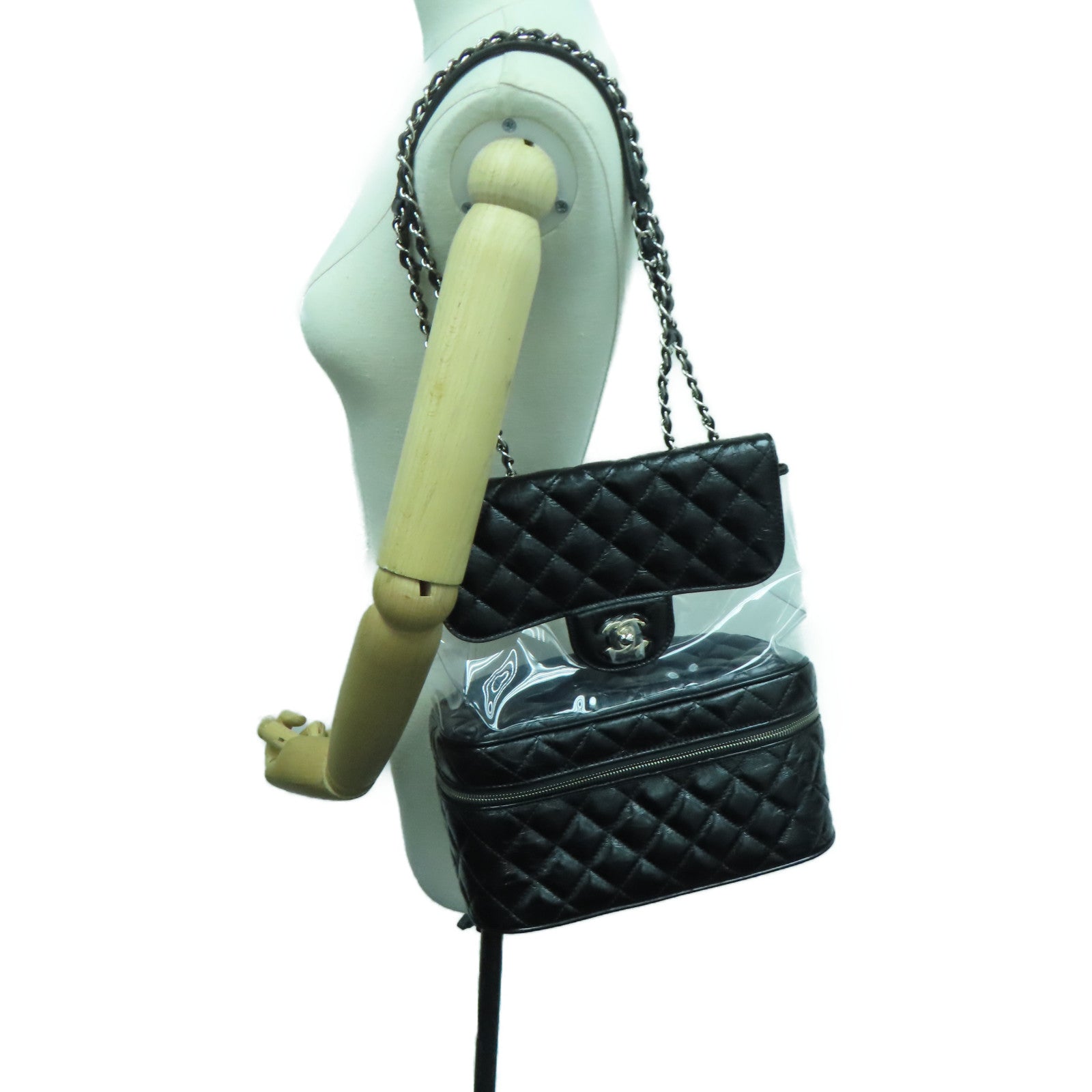 CHANEL 【激减优惠】菱格牛皮皮革/PVC Shoulder Bag银扣链条肩背袋黑色