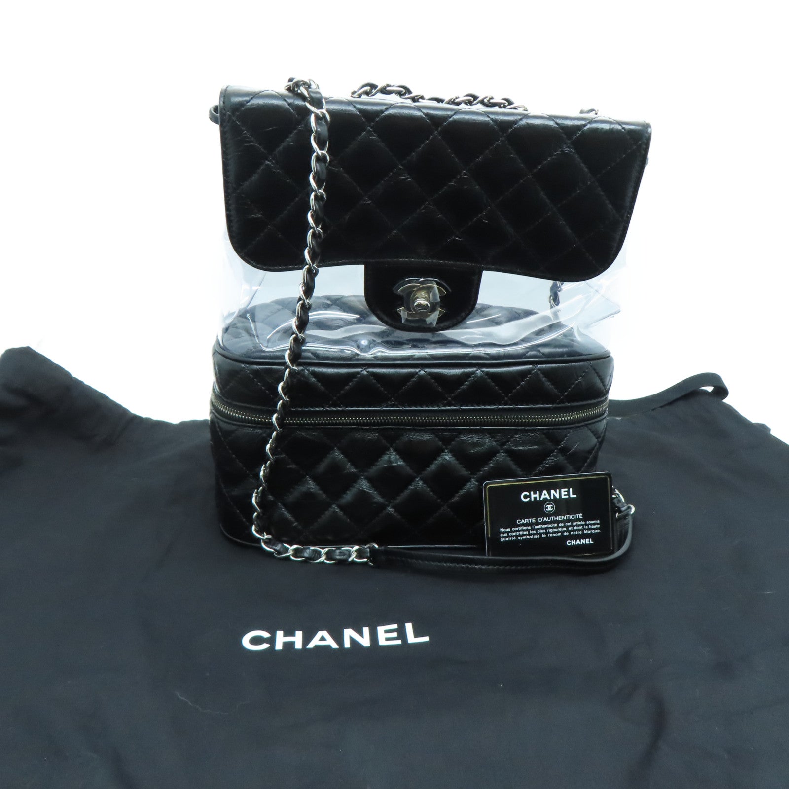CHANEL 【激减优惠】菱格牛皮皮革/PVC Shoulder Bag银扣链条肩背袋黑色