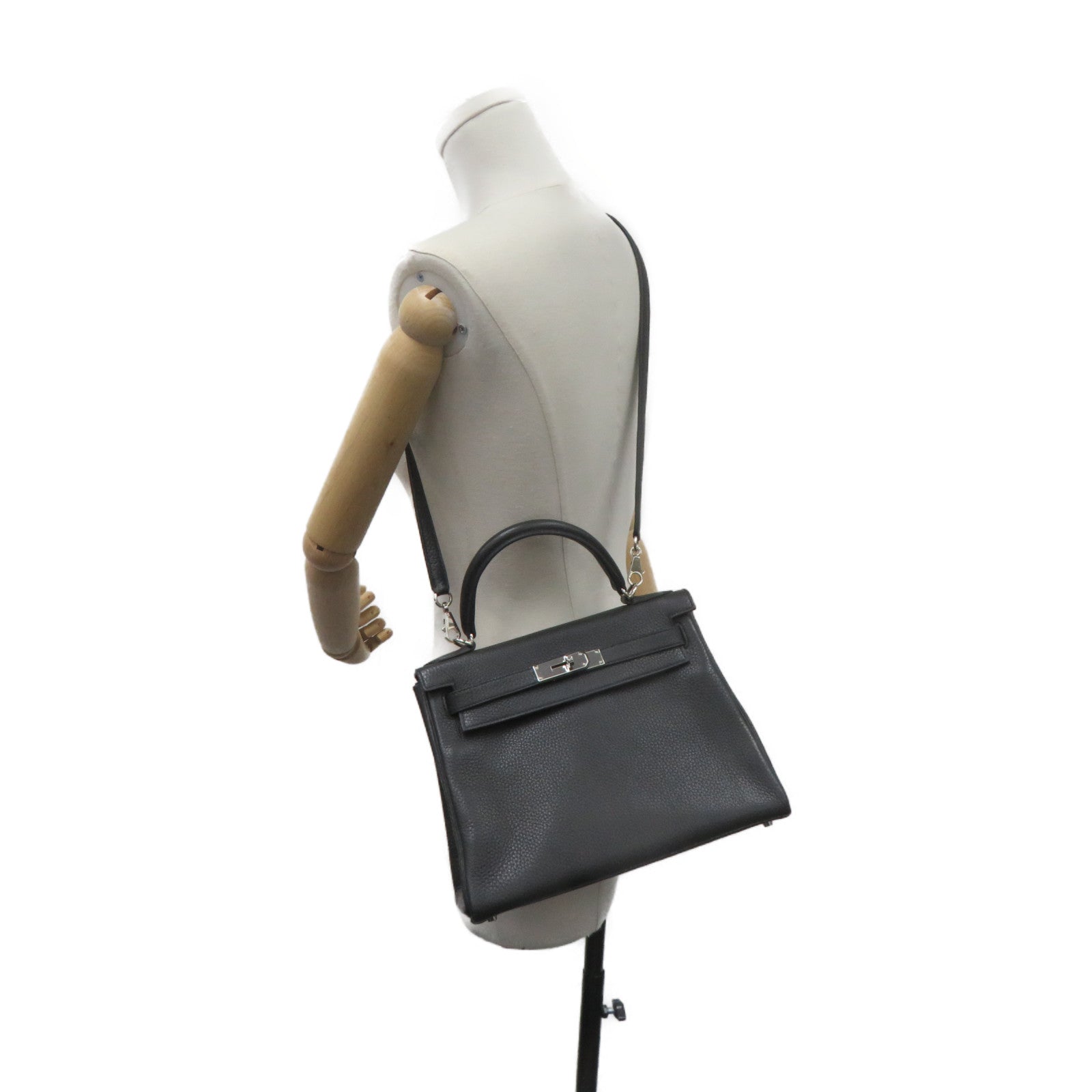 HERMES 【激減優惠】Clemence皮革Kelly 28 2Way Shoulder Bag銀扣手挽肩背兩用袋8P黑色