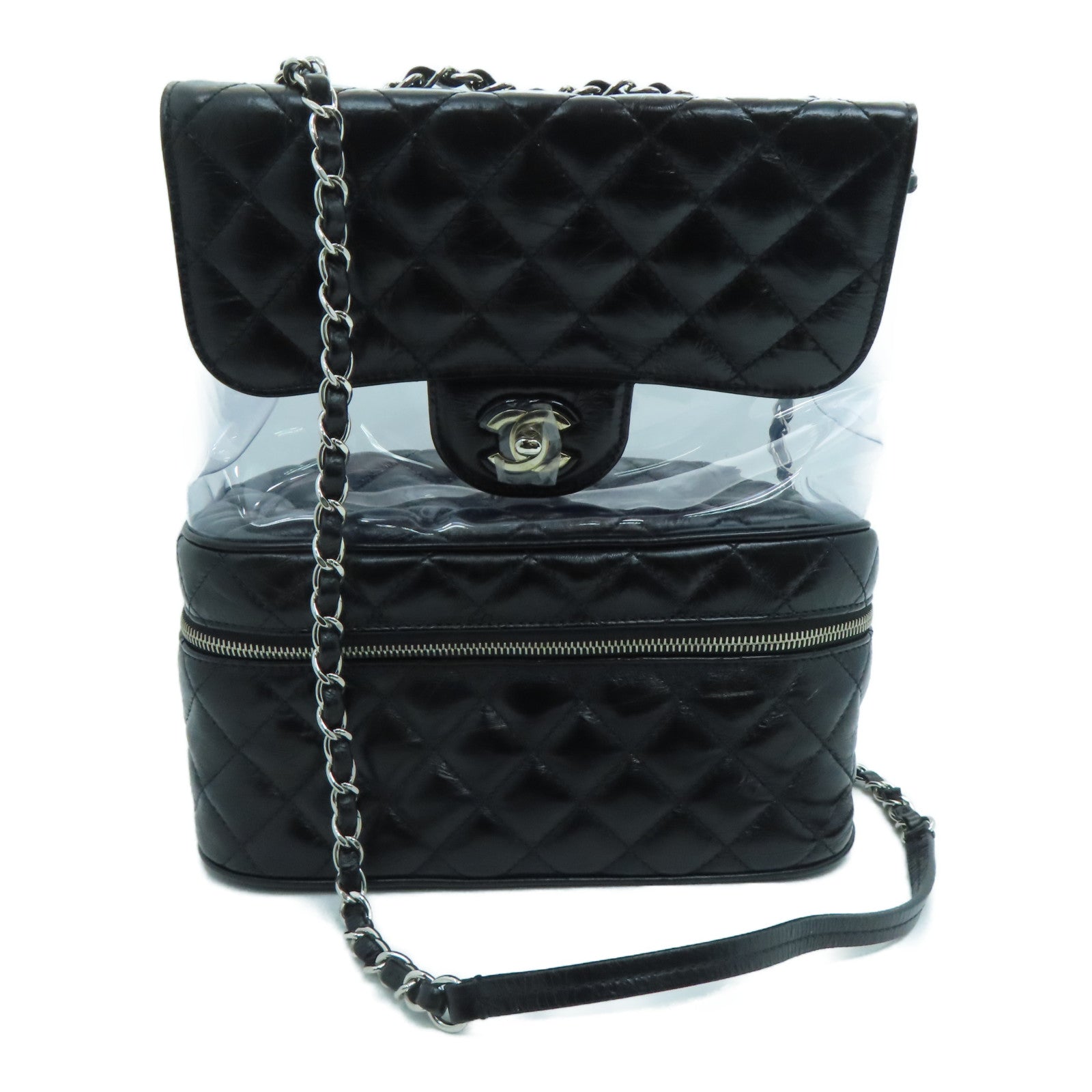 CHANEL 【激减优惠】菱格牛皮皮革/PVC Shoulder Bag银扣链条肩背袋黑色