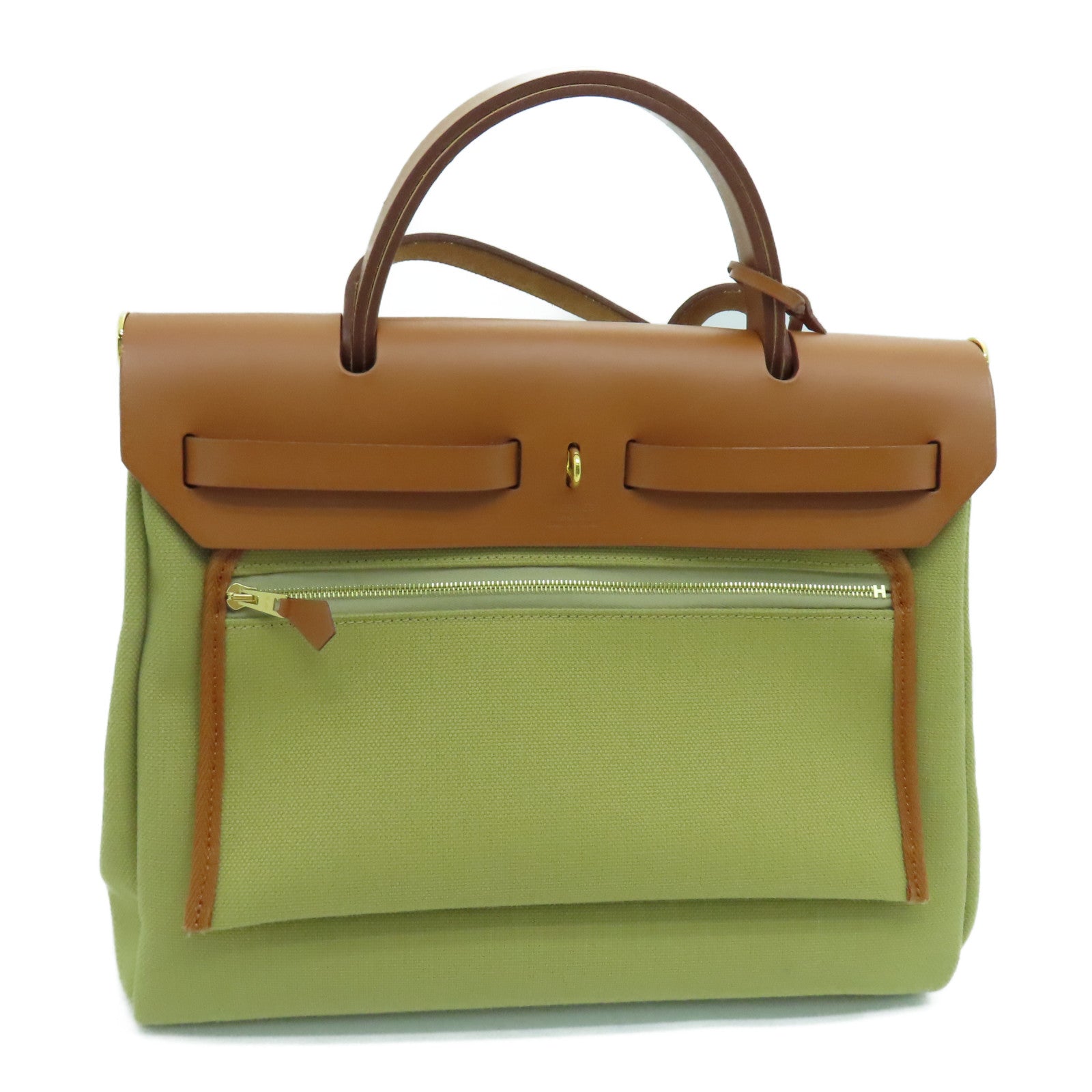 HERMES Toile H帆布Herbag PM金扣手挽肩背两用袋啡色Poussiere
