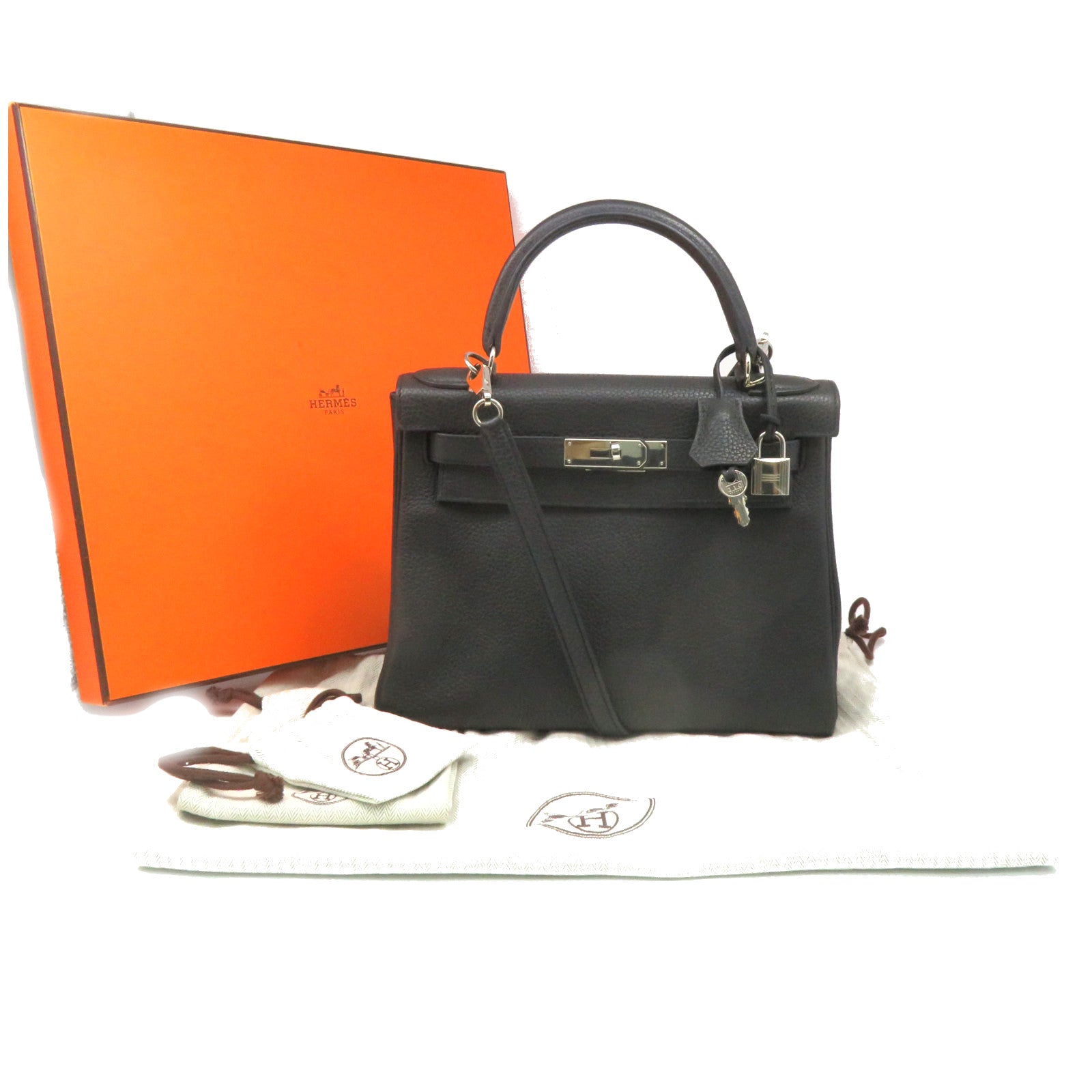 HERMES 【激減優惠】Clemence皮革Kelly 28 2Way Shoulder Bag銀扣手挽肩背兩用袋8P黑色