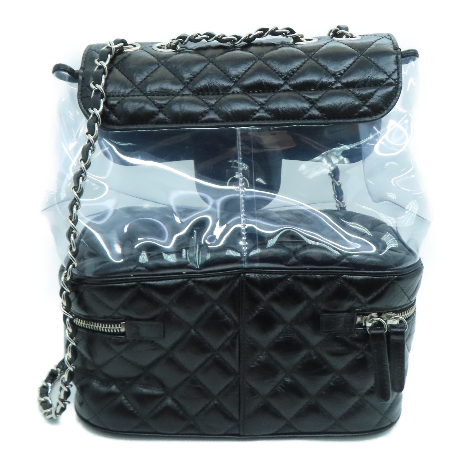 CHANEL 【激减优惠】菱格牛皮皮革/PVC Shoulder Bag银扣链条肩背袋黑色