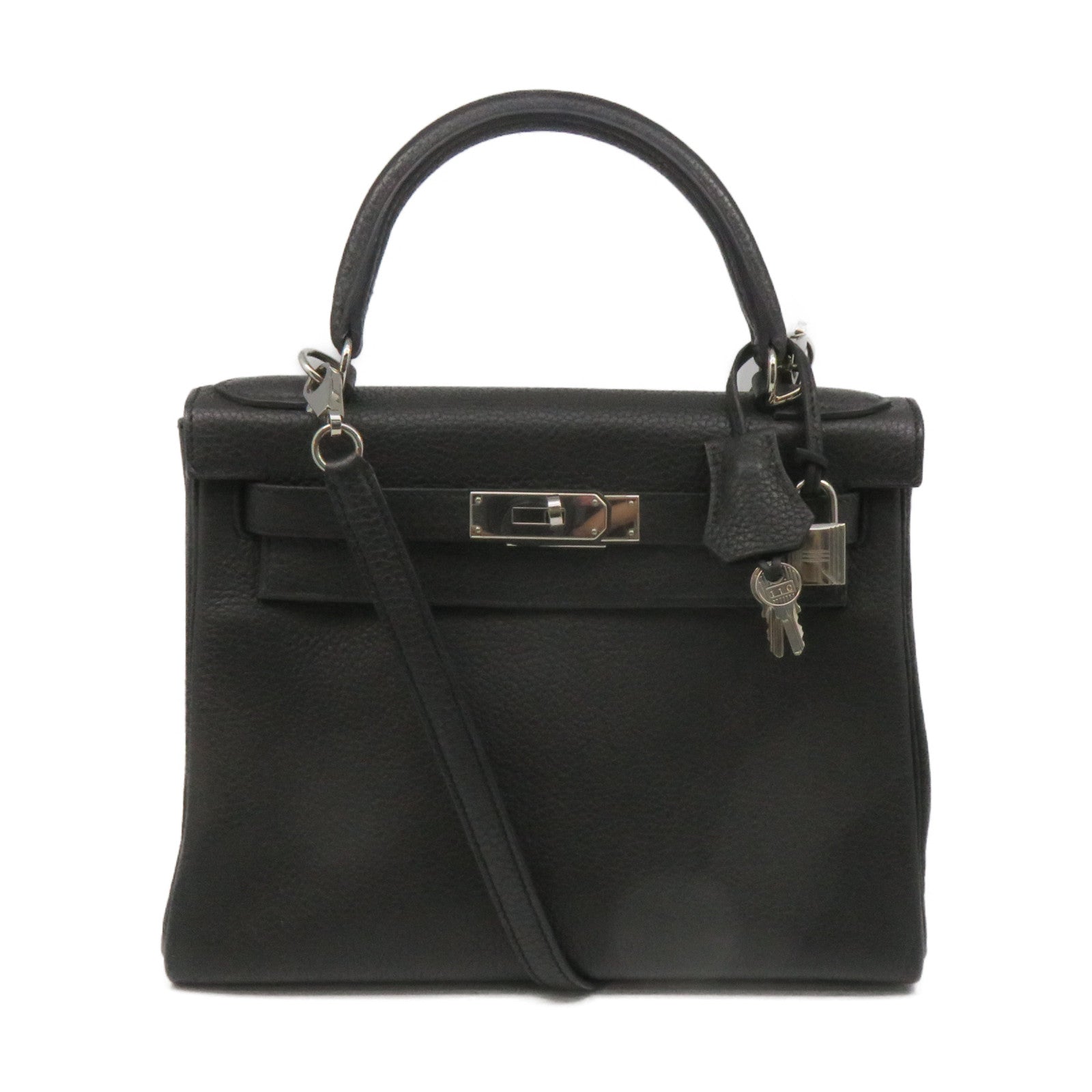 HERMES 【激減優惠】Clemence皮革Kelly 28 2Way Shoulder Bag銀扣手挽肩背兩用袋8P黑色
