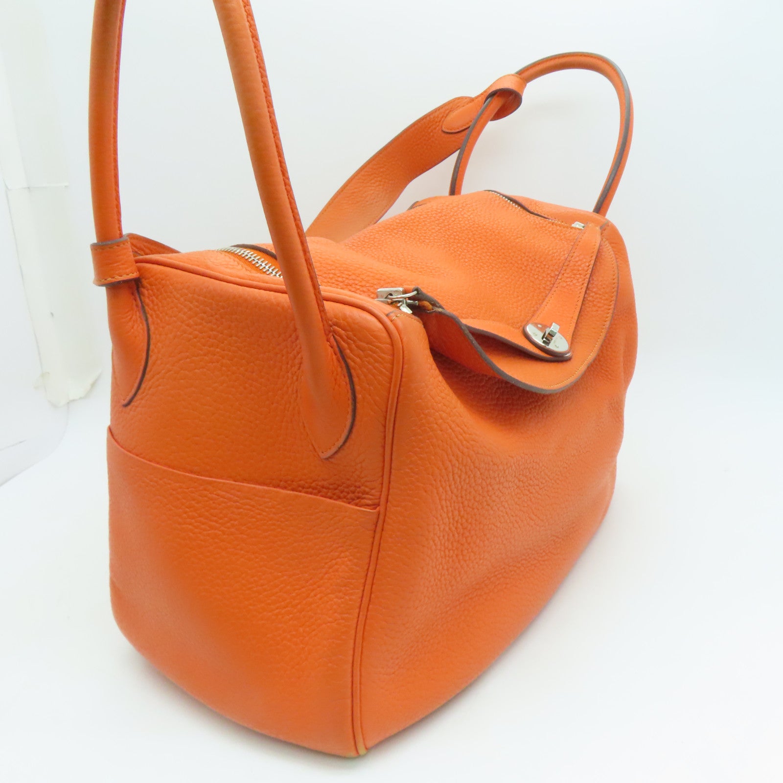 HERMES Clemence leather Lindy 34 2 way Shoulder silver buckle handle shoulder bag orange