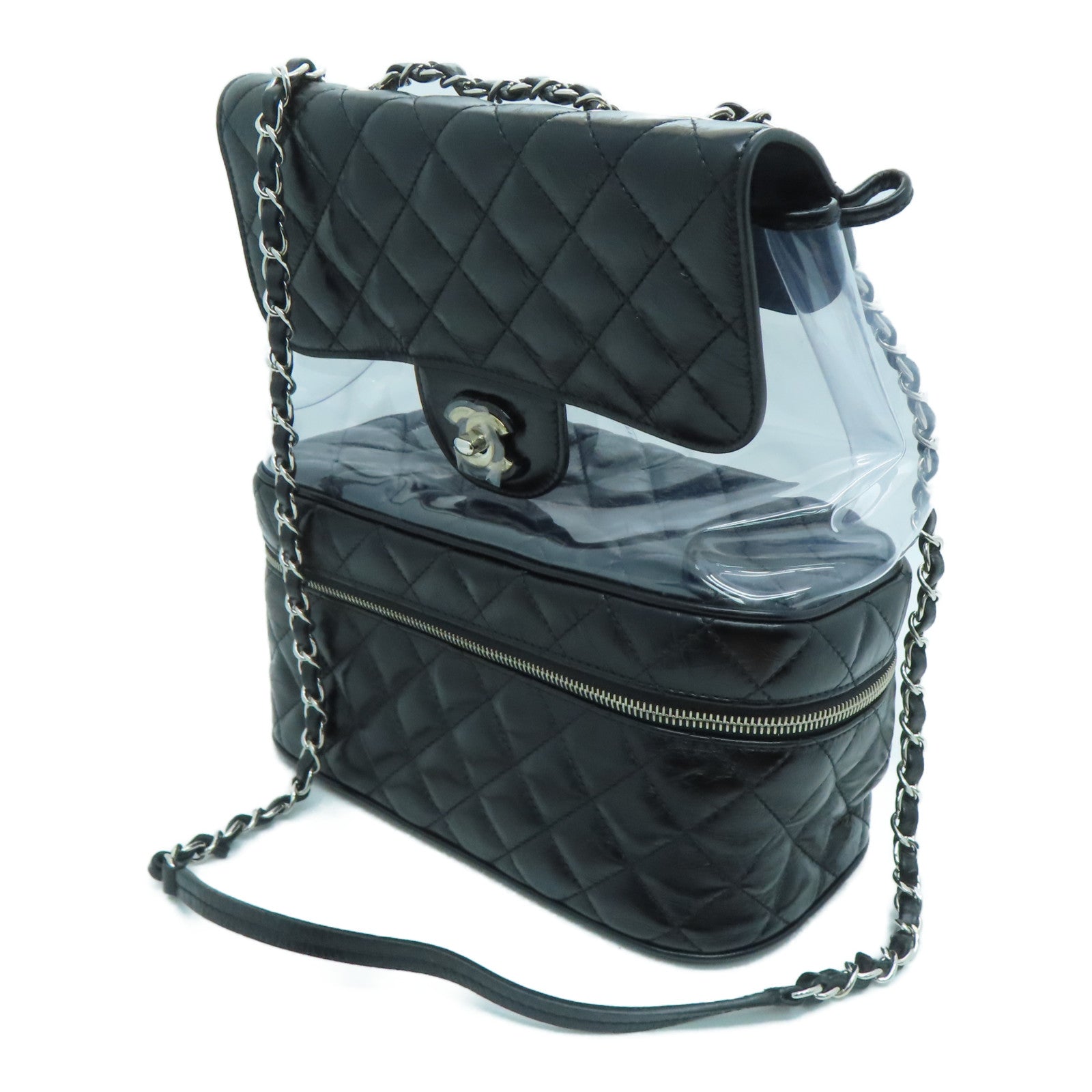 CHANEL 【激减优惠】菱格牛皮皮革/PVC Shoulder Bag银扣链条肩背袋黑色