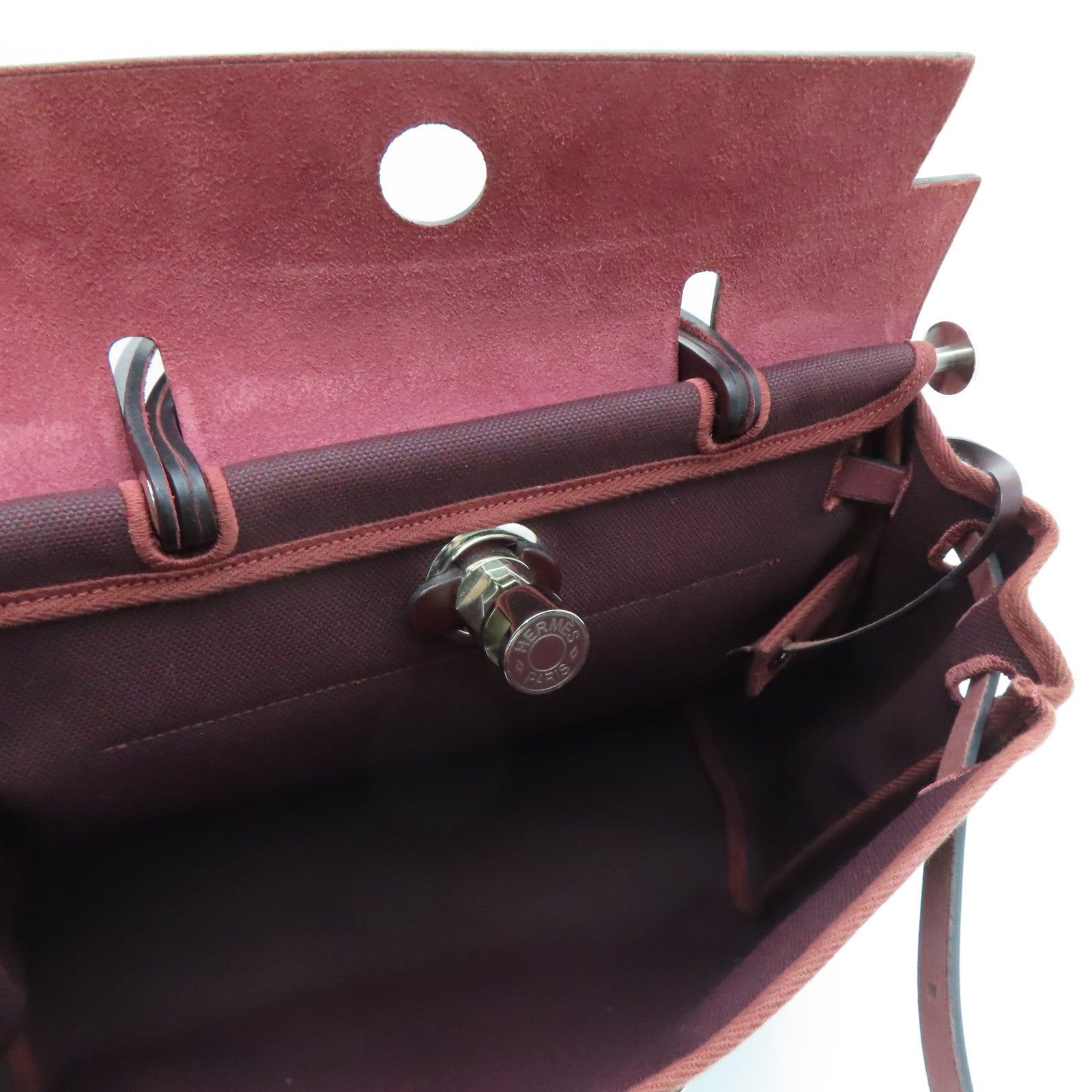 HERMES canvas Herbag 31 silver buckle handle shoulder bag Rouge H/wine red