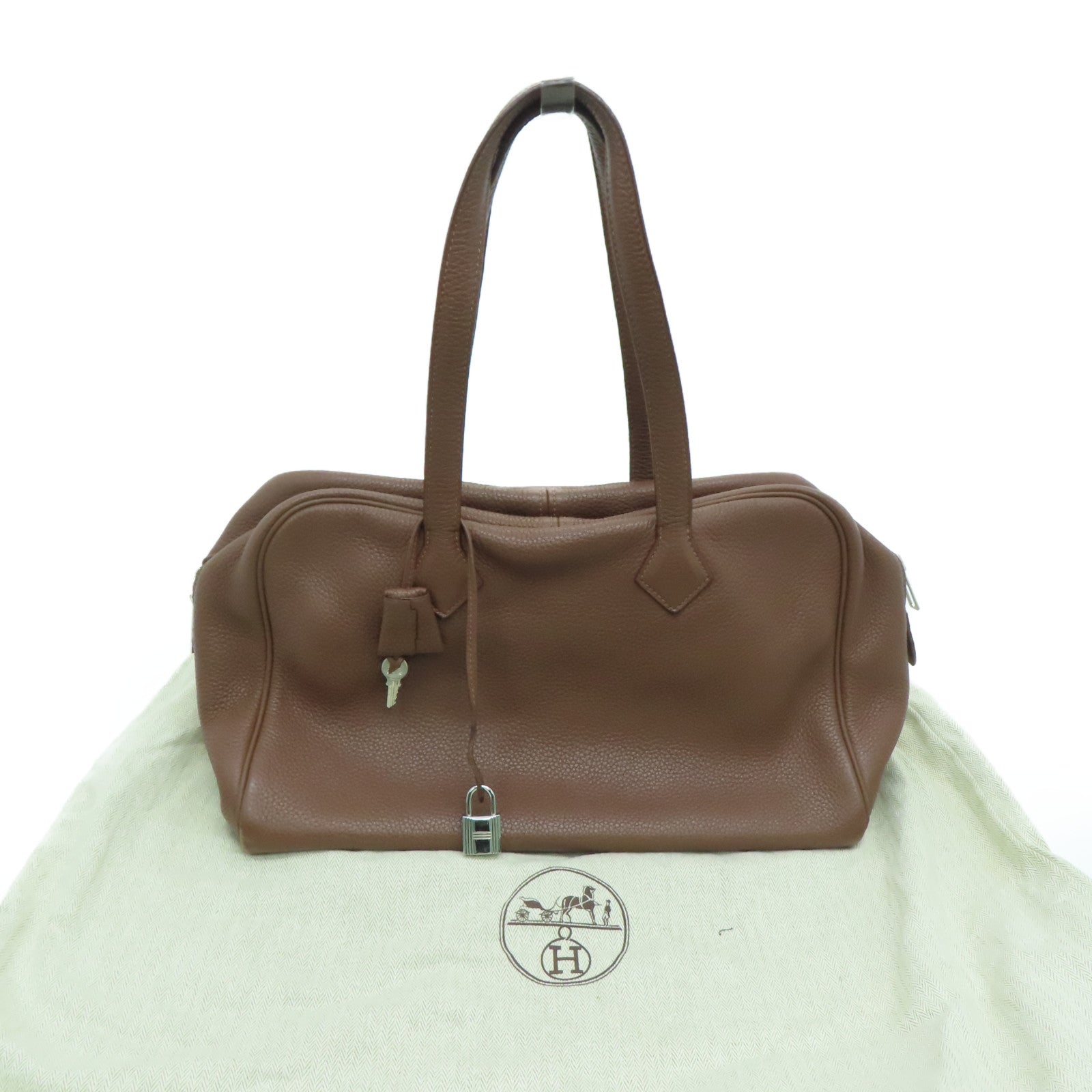 HERMES Clemence leather Victoria silver buckle handle bag / shoulder bag Alezan / brown