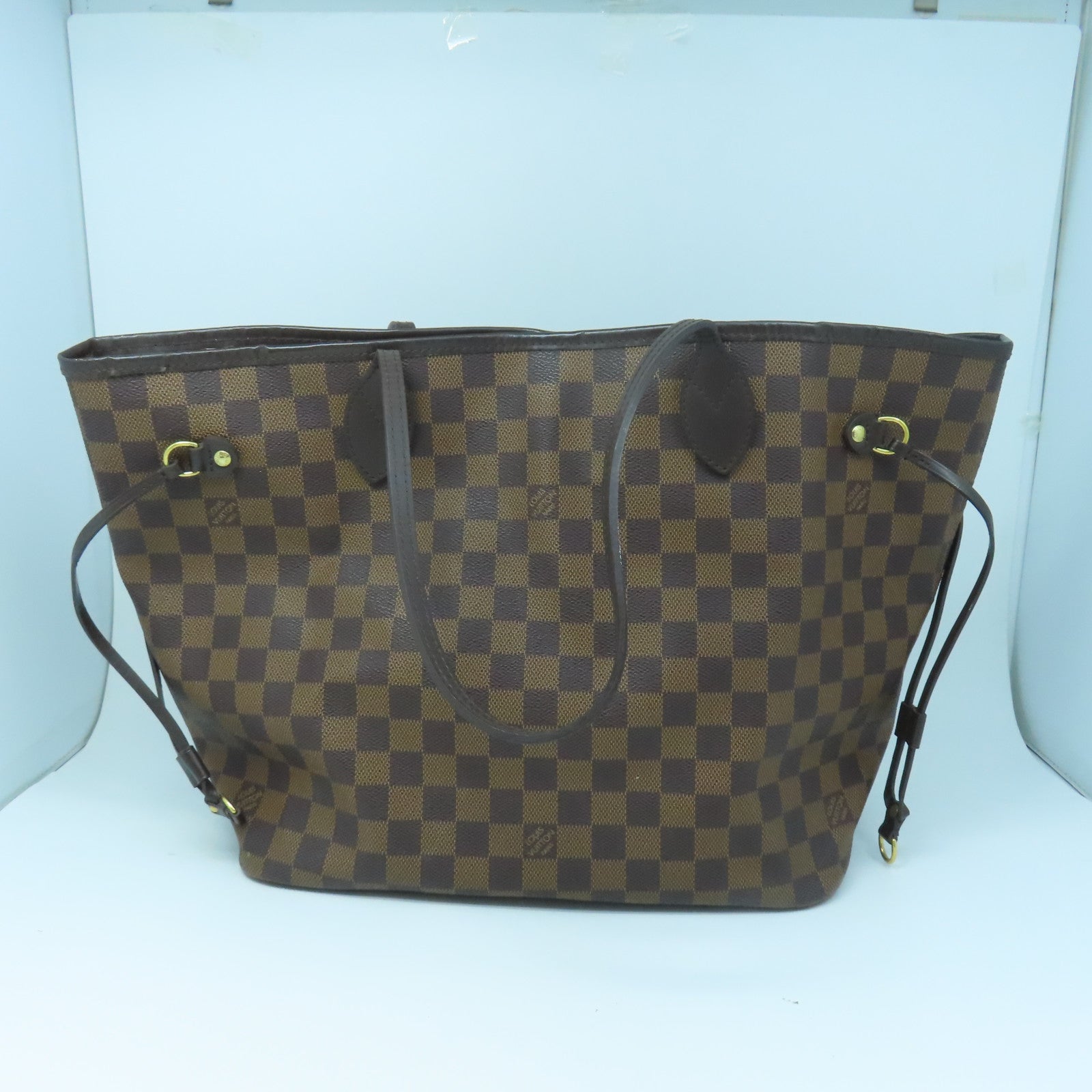LOUIS VUITTON Damier Neverfull MM gold buckle handle bag brown
