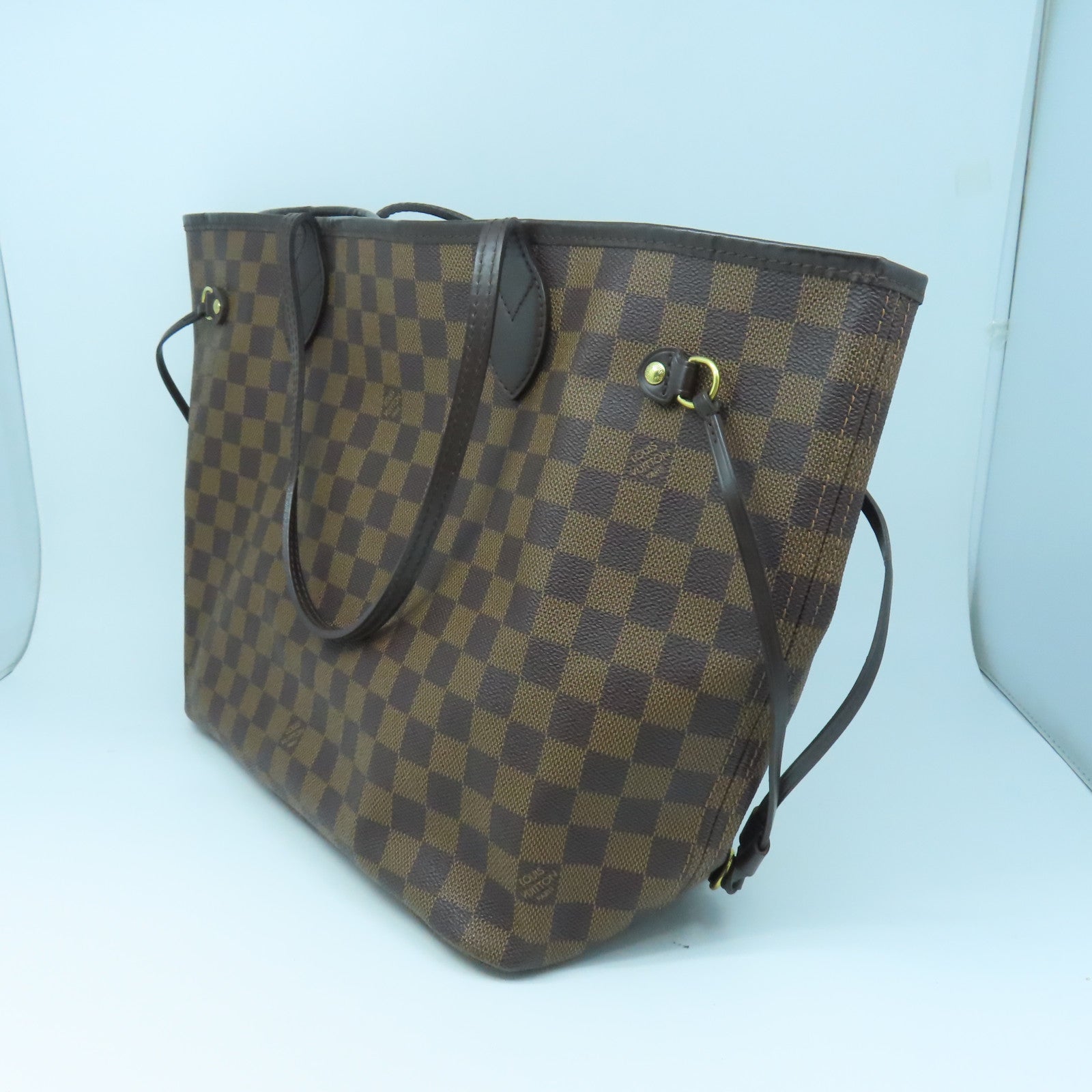 LOUIS VUITTON Damier Neverfull MM gold buckle handle bag brown
