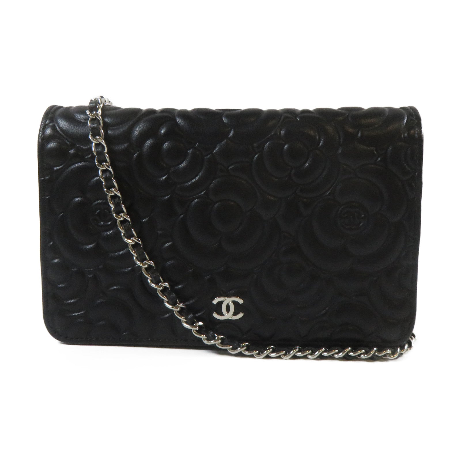 CHANEL 羊皮皮革Camellia Wallet On Chain銀扣鏈帶肩背袋黑色