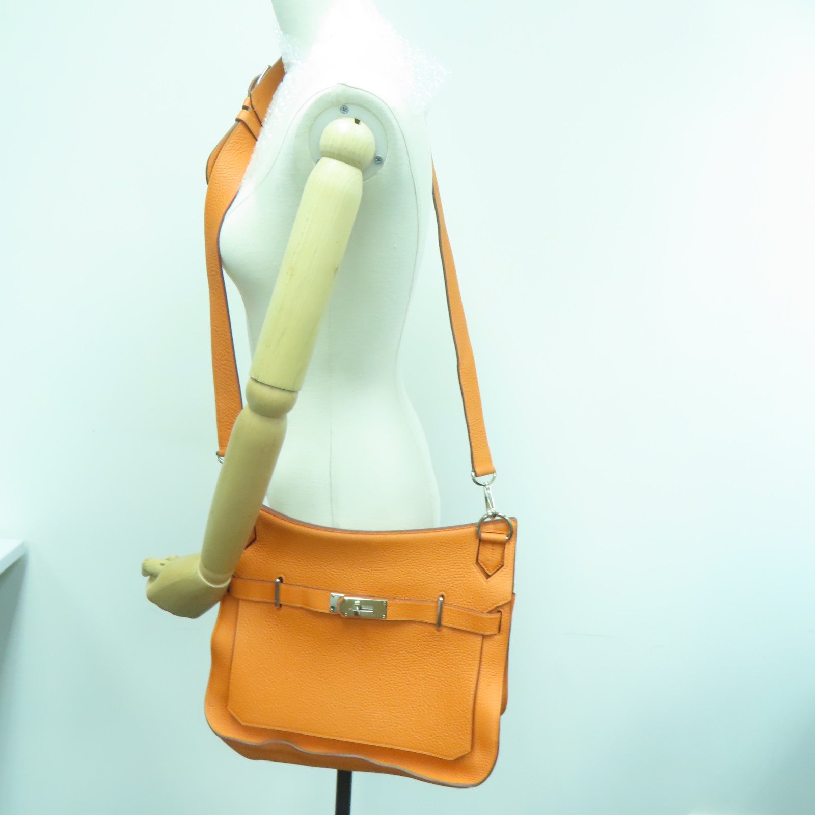 HERMES Clemence皮革Jypsiere 34銀扣肩背袋Orange/橙色