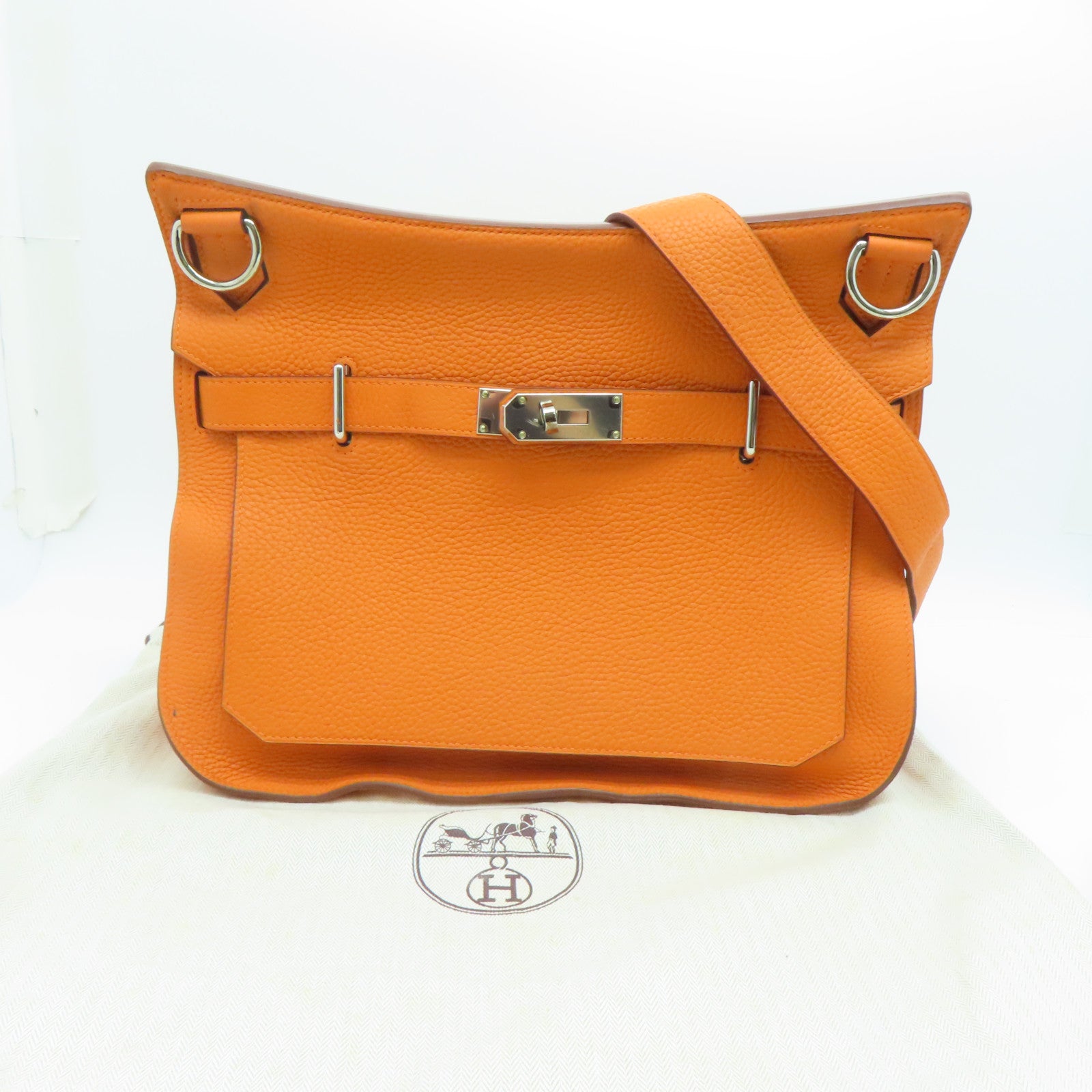 HERMES Clemence皮革Jypsiere 34銀扣肩背袋Orange/橙色