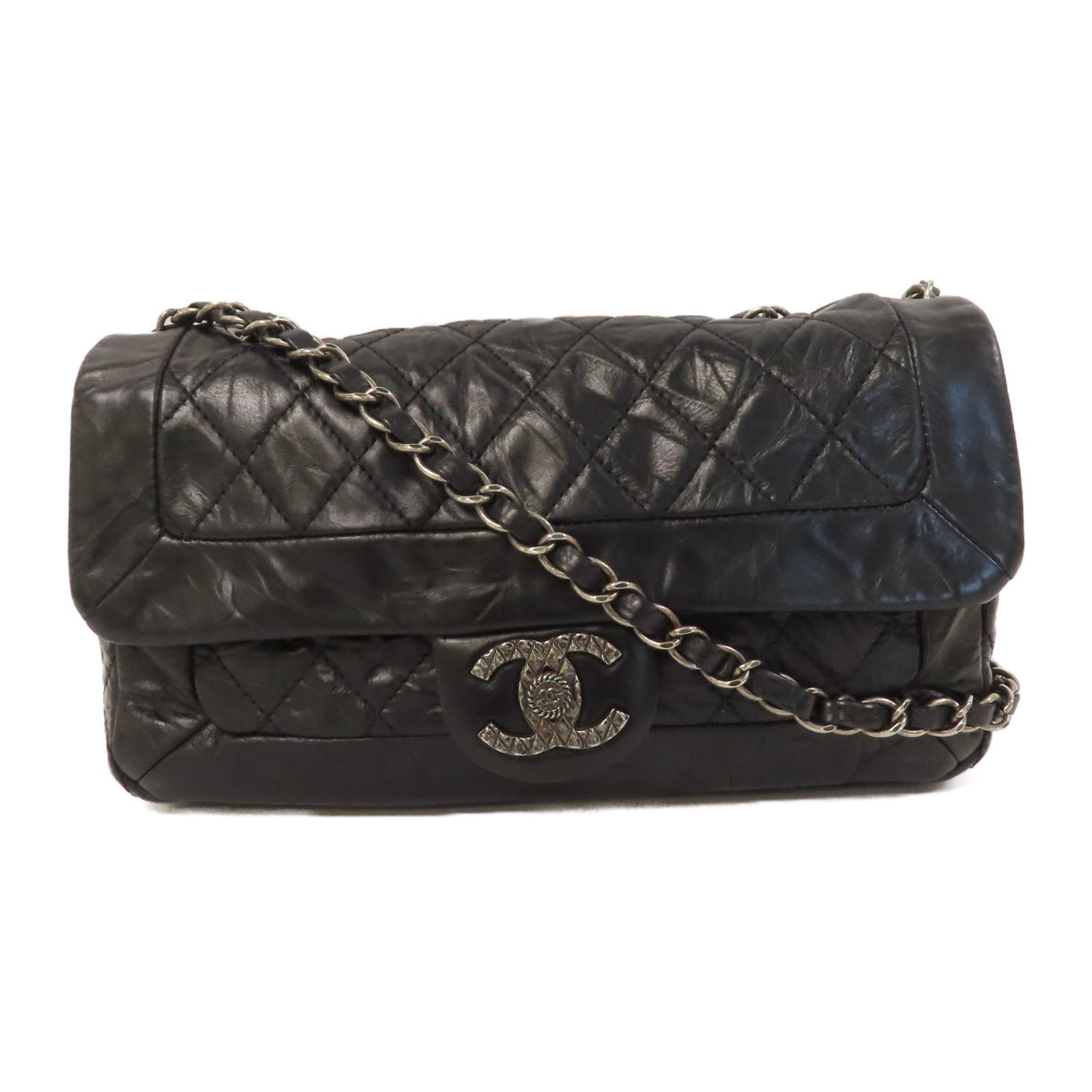 CHANEL Caviar皮革Chain Shoulder銀扣鏈帶肩背袋黑色