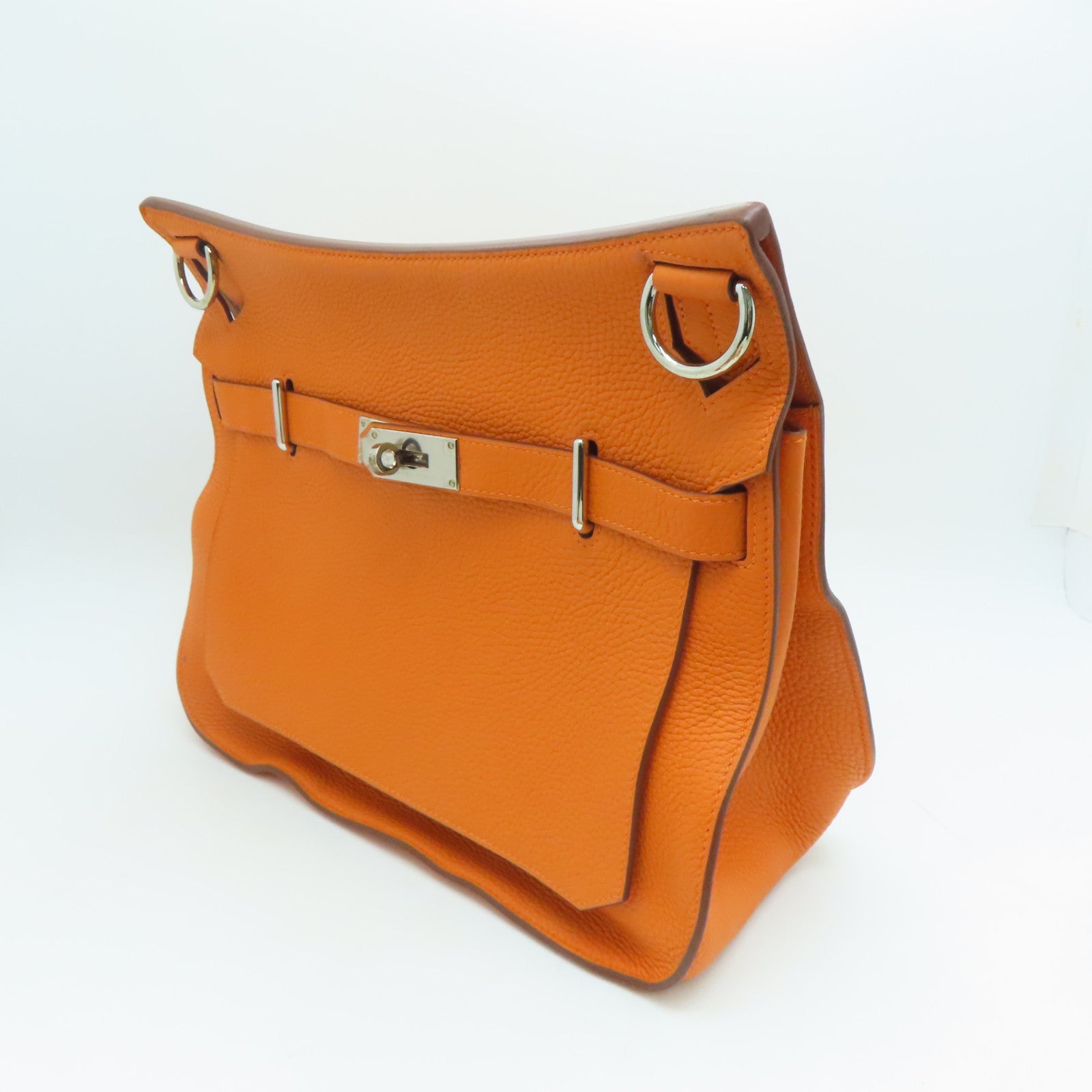 HERMES Clemence皮革Jypsiere 34銀扣肩背袋Orange/橙色