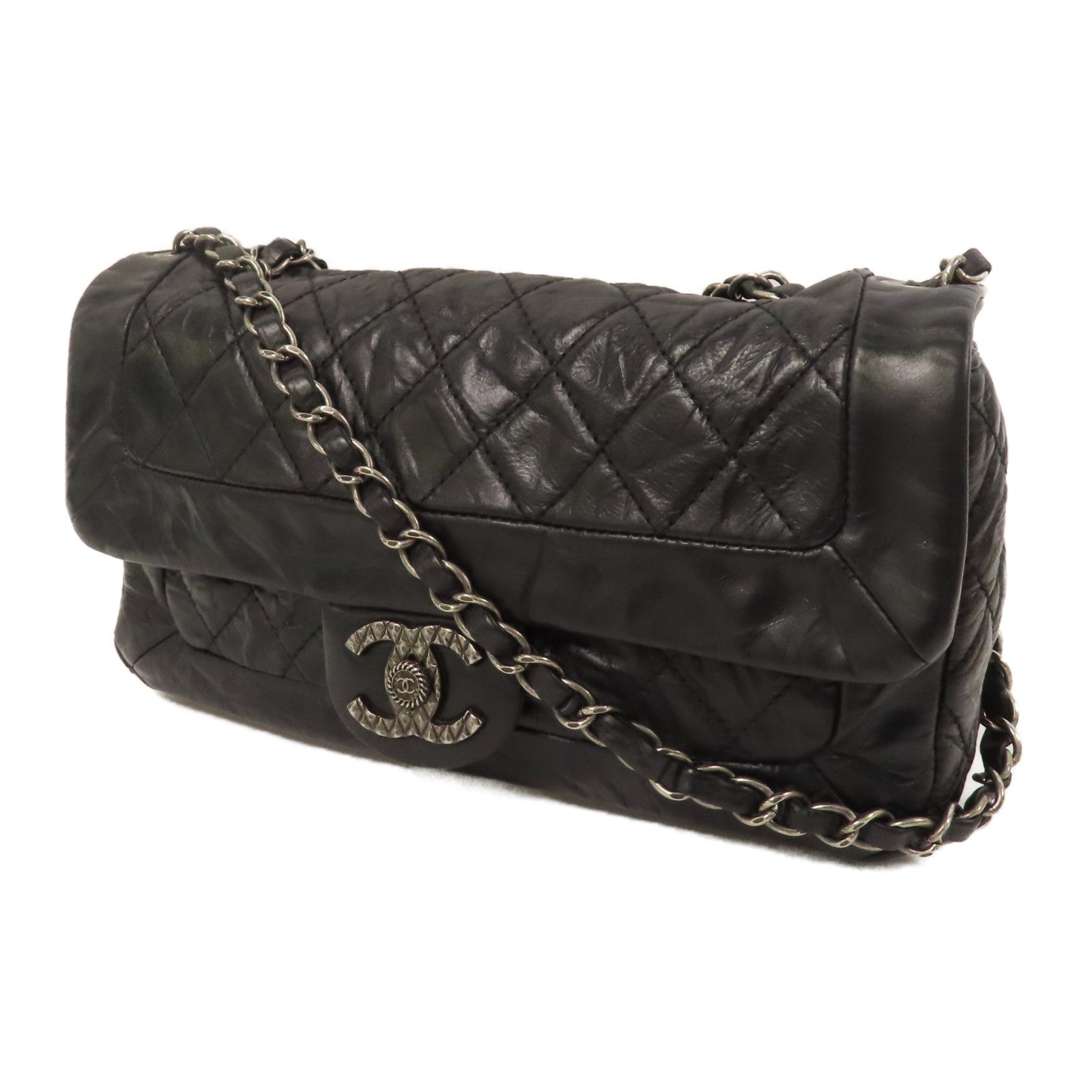CHANEL Caviar皮革Chain Shoulder銀扣鏈帶肩背袋黑色