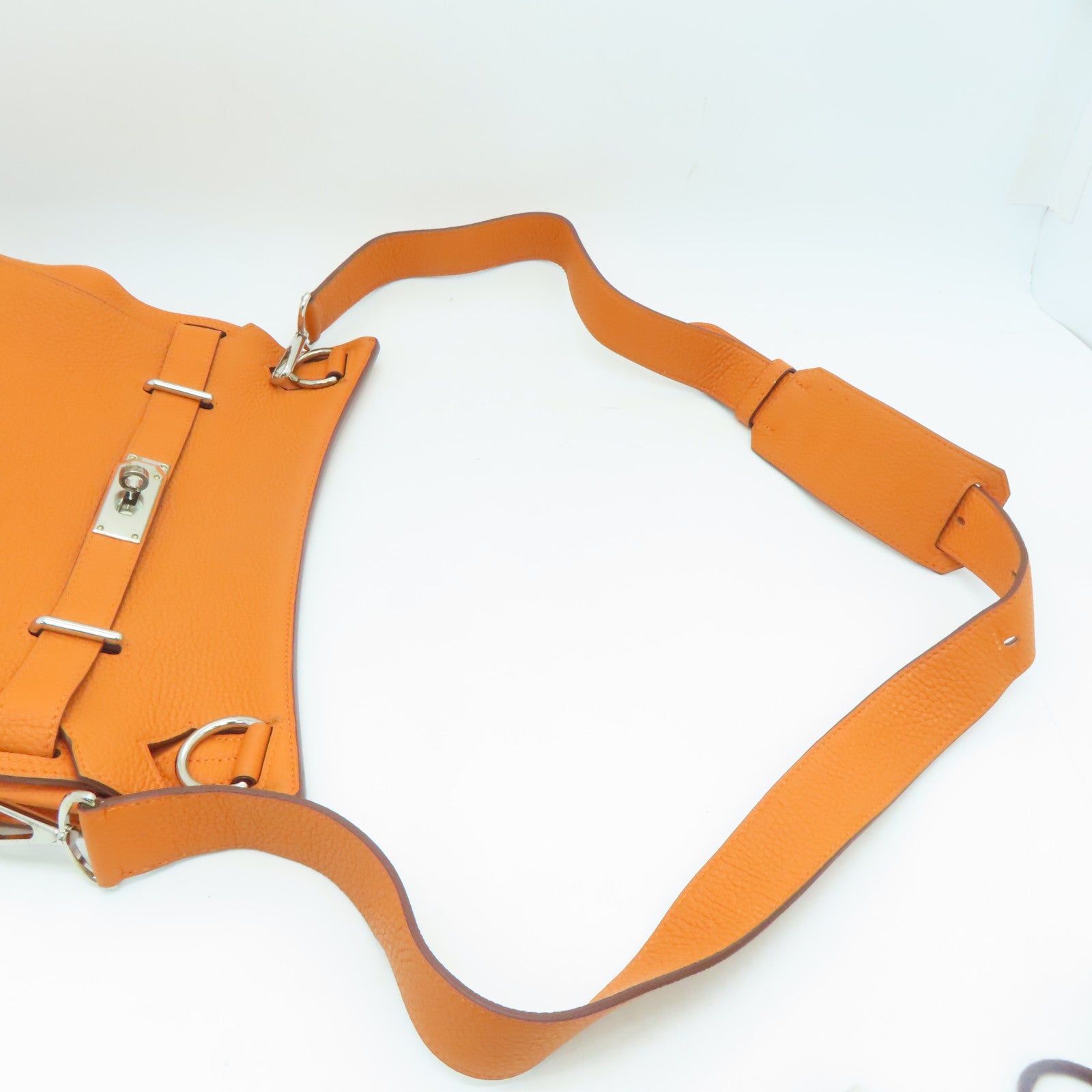 HERMES Clemence皮革Jypsiere 34銀扣肩背袋Orange/橙色
