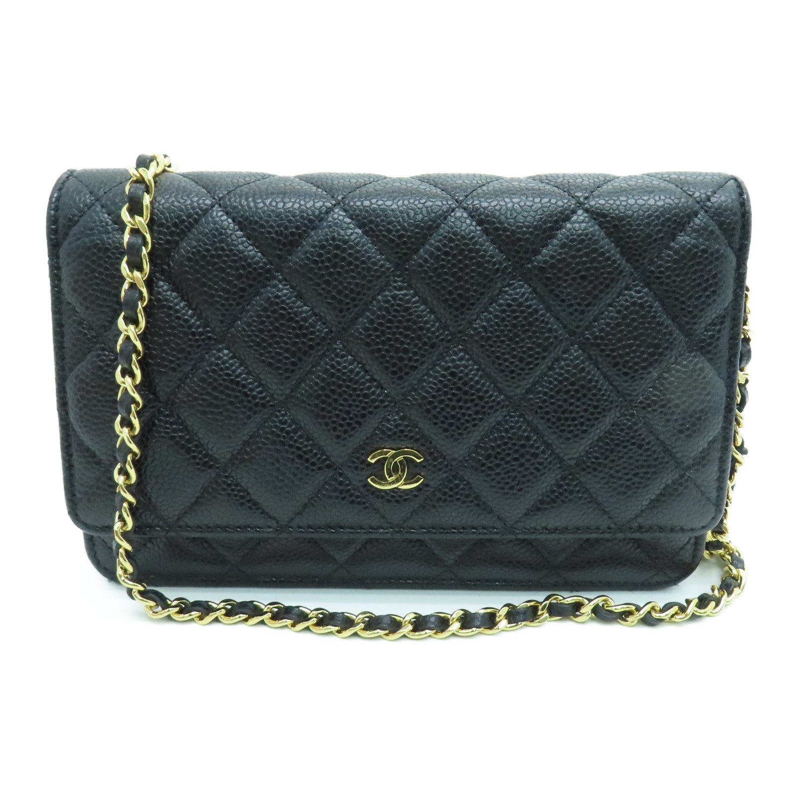 CHANEL 菱格Caviar皮革Wallet On Chain金扣鏈帶肩背袋黑色