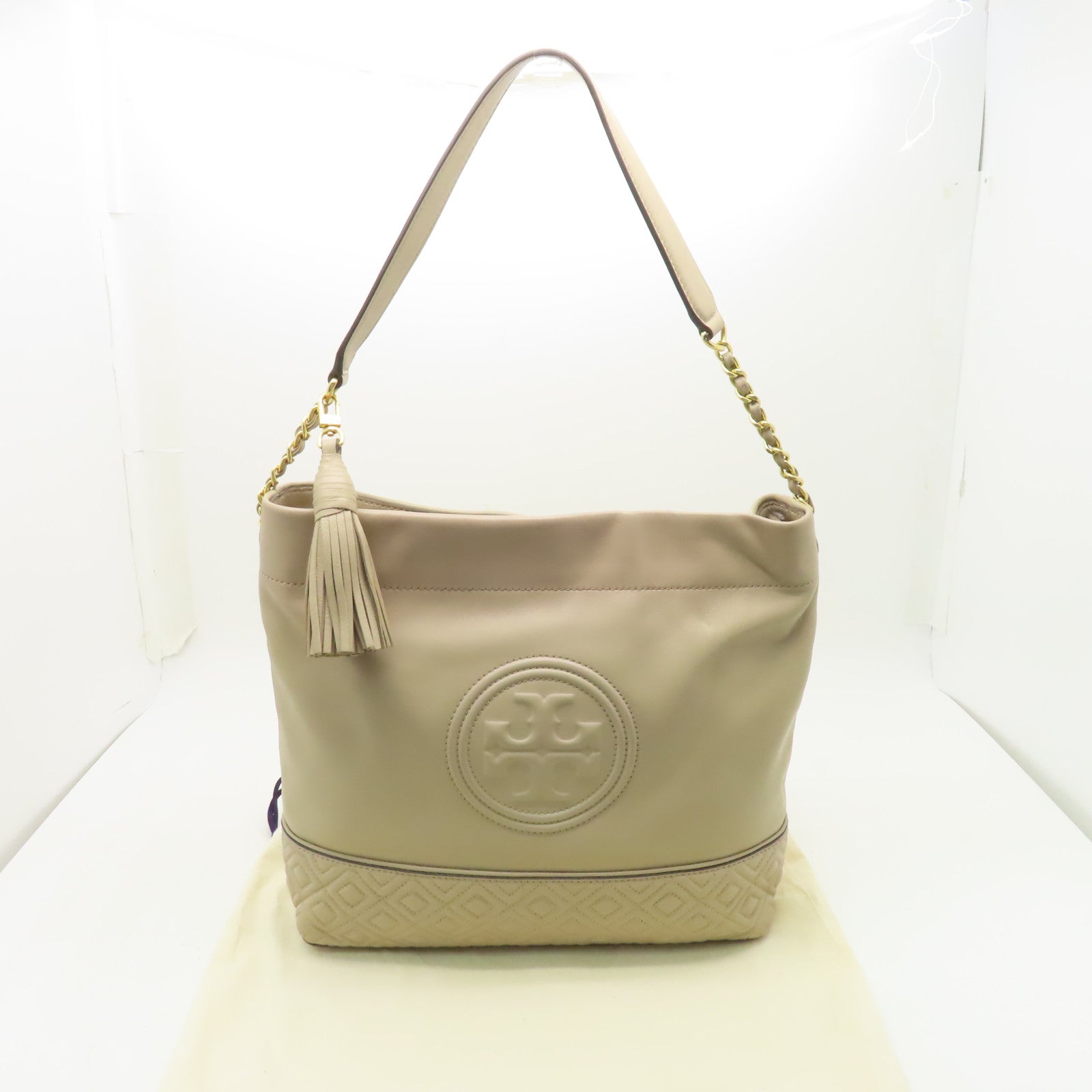 Tory Burch 【激減優惠】牛皮皮革Shoulder Bag金扣肩背袋米色