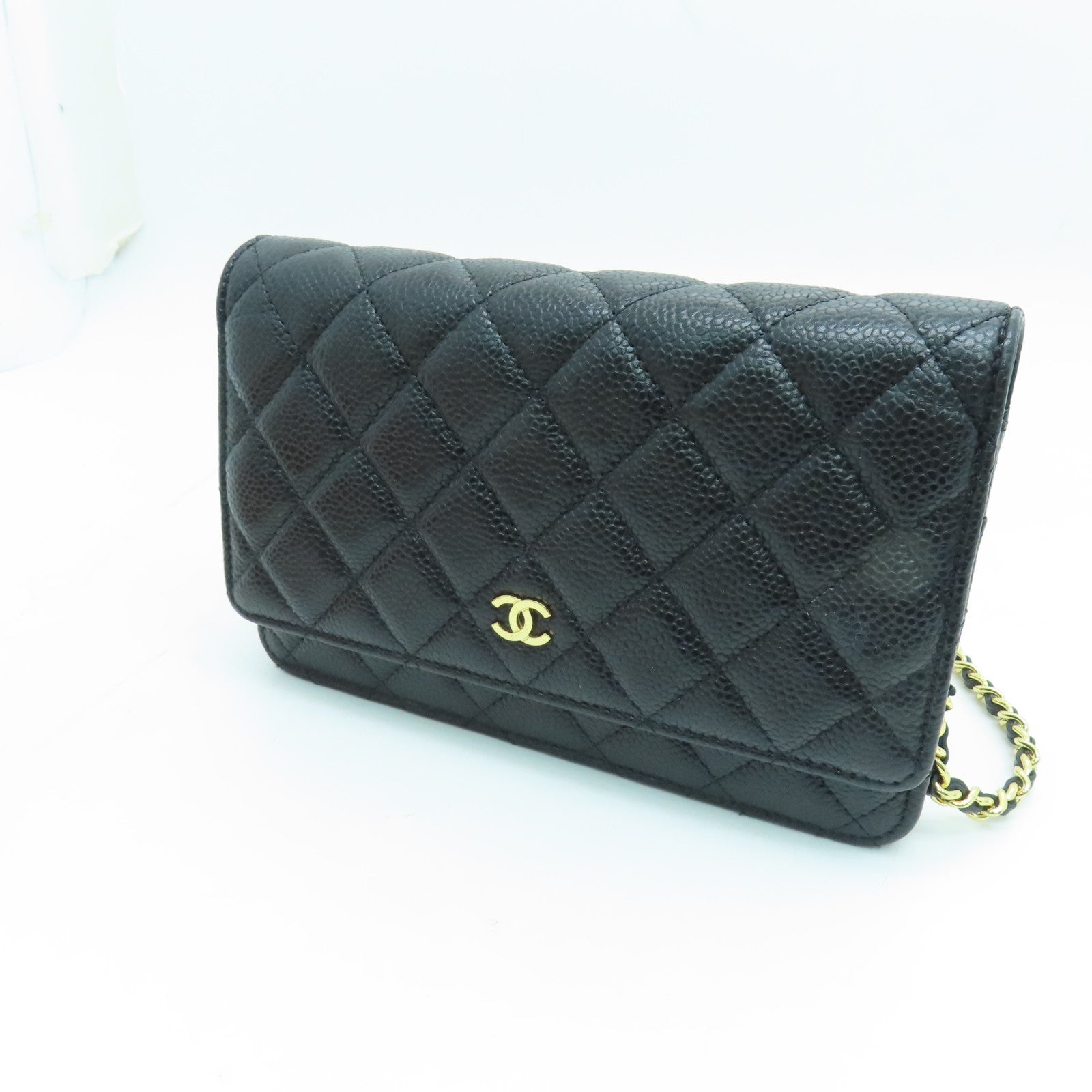 CHANEL 菱格Caviar皮革Wallet On Chain金扣鏈帶肩背袋黑色
