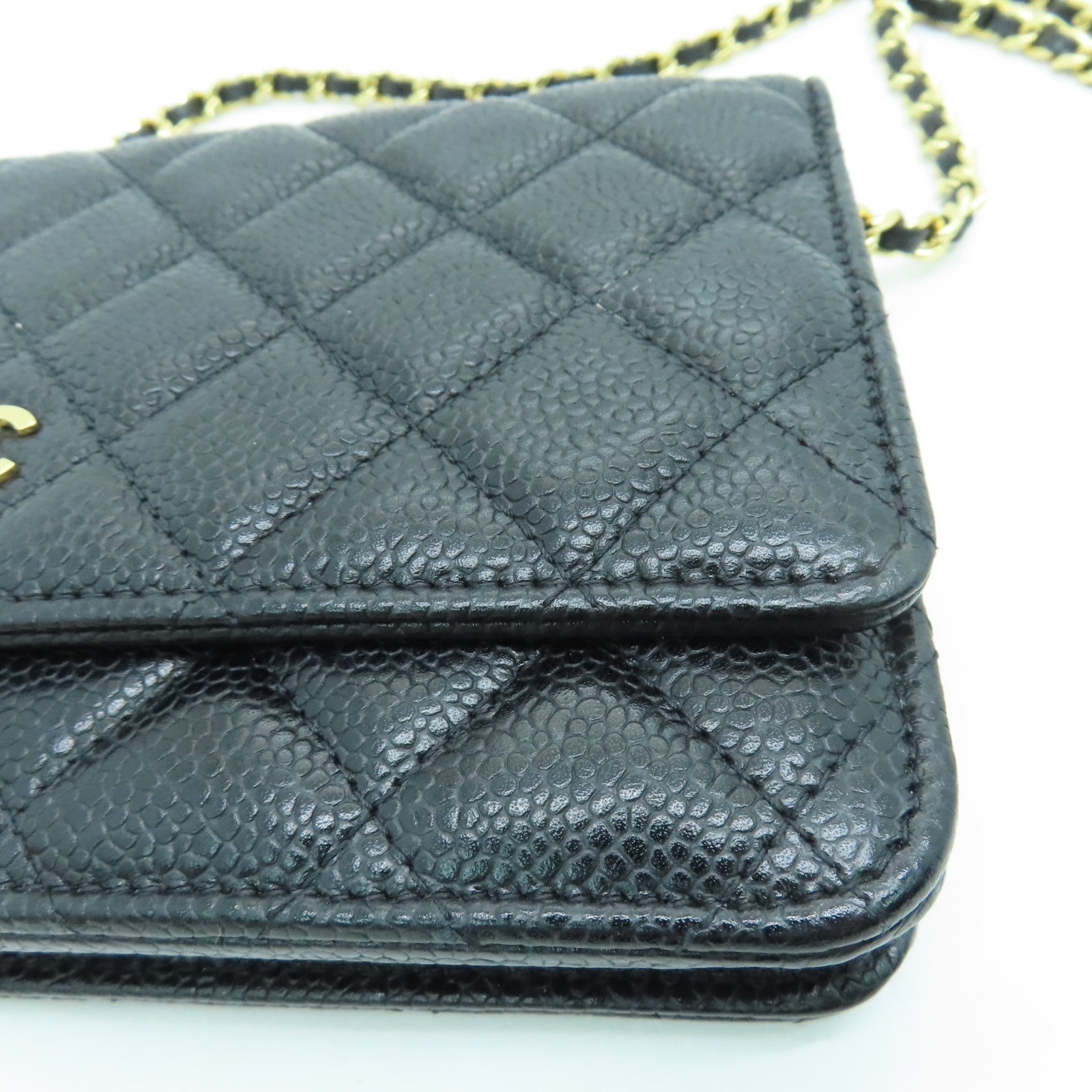 CHANEL 菱格Caviar皮革Wallet On Chain金扣鏈帶肩背袋黑色