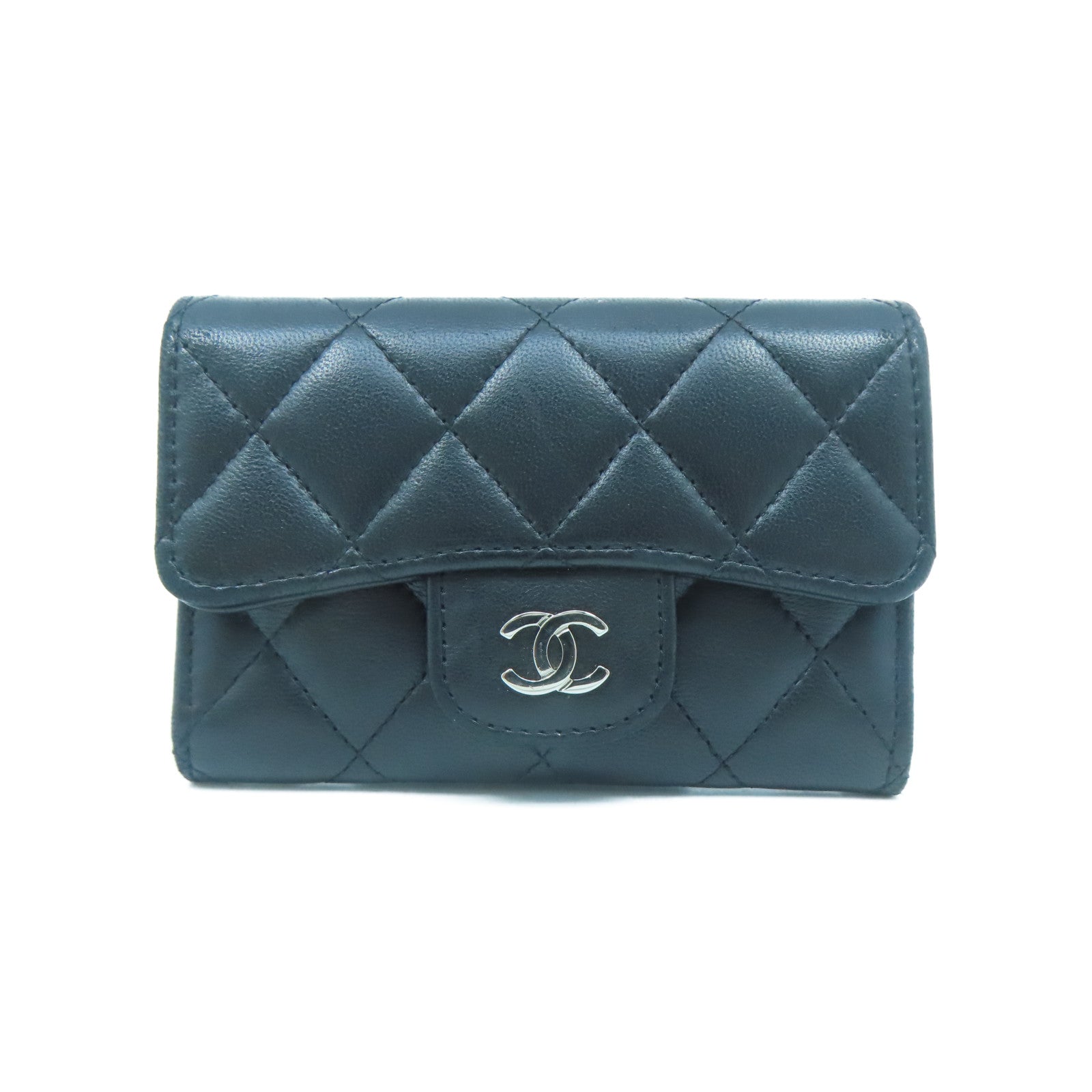 CHANEL 菱格羊皮皮革Card Case銀扣卡片套黑色