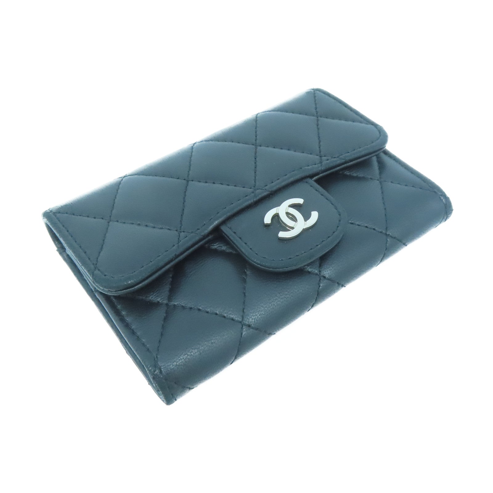 CHANEL 菱格羊皮皮革Card Case銀扣卡片套黑色
