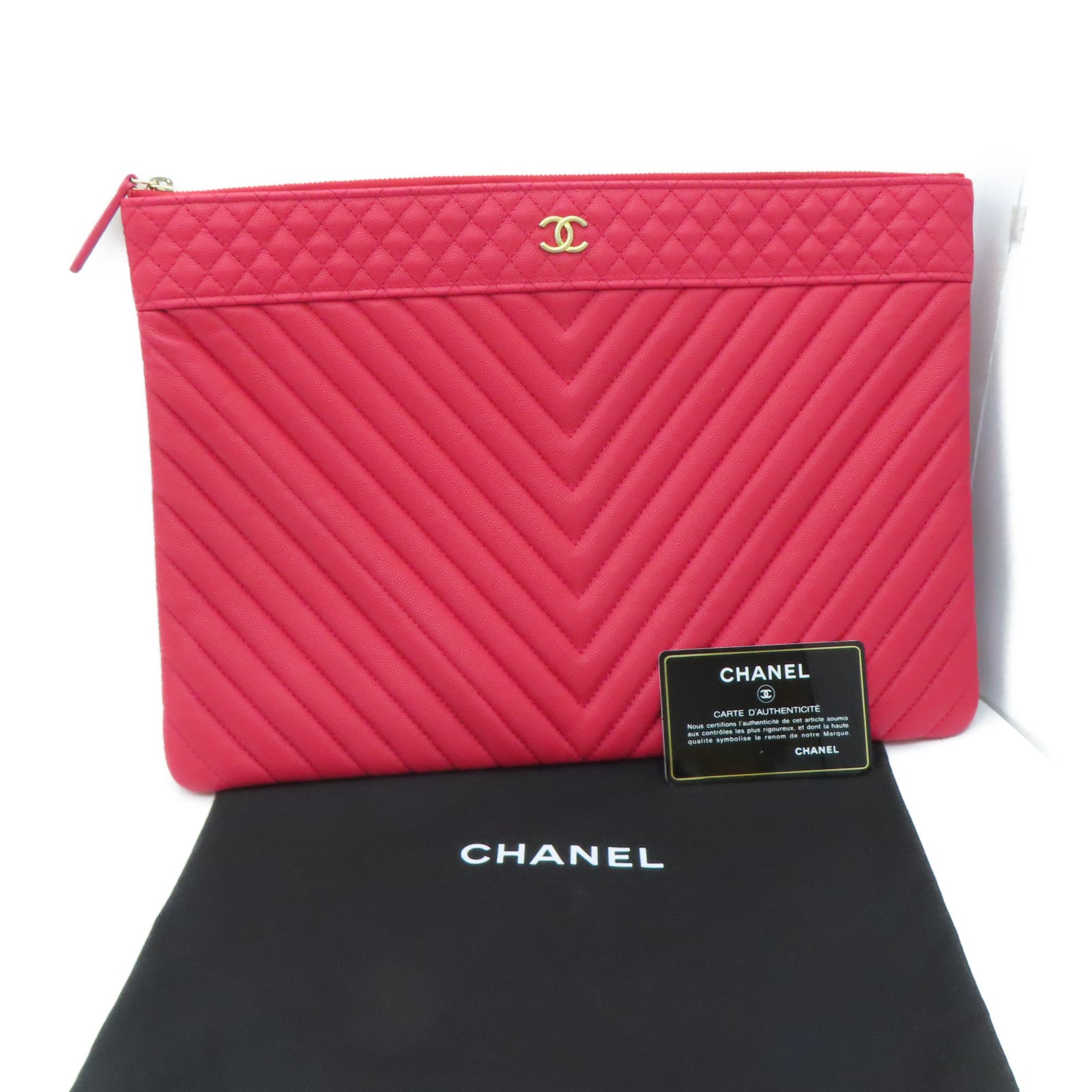 CHANEL Twill Caviar Leather Clutch Gold Buckle Clutch Red