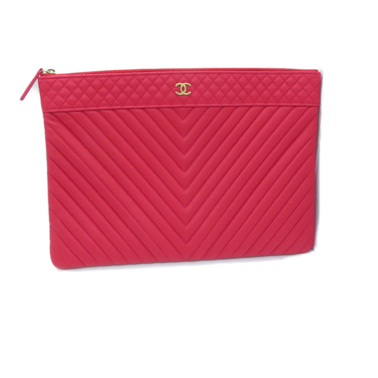 CHANEL Twill Caviar Leather Clutch Gold Buckle Clutch Red Brand Off