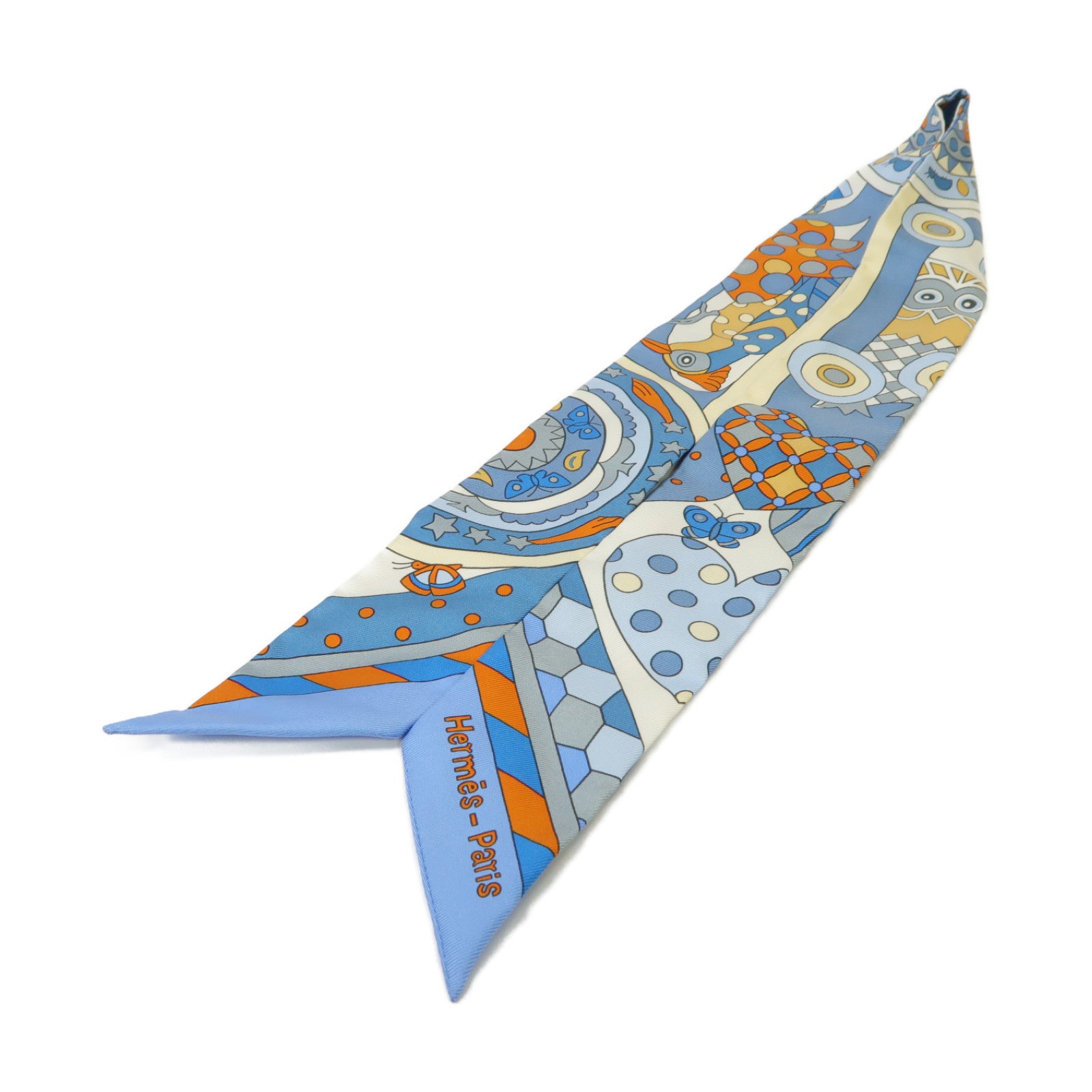 HERMES 絲質Twilly絲巾藍色/橙色