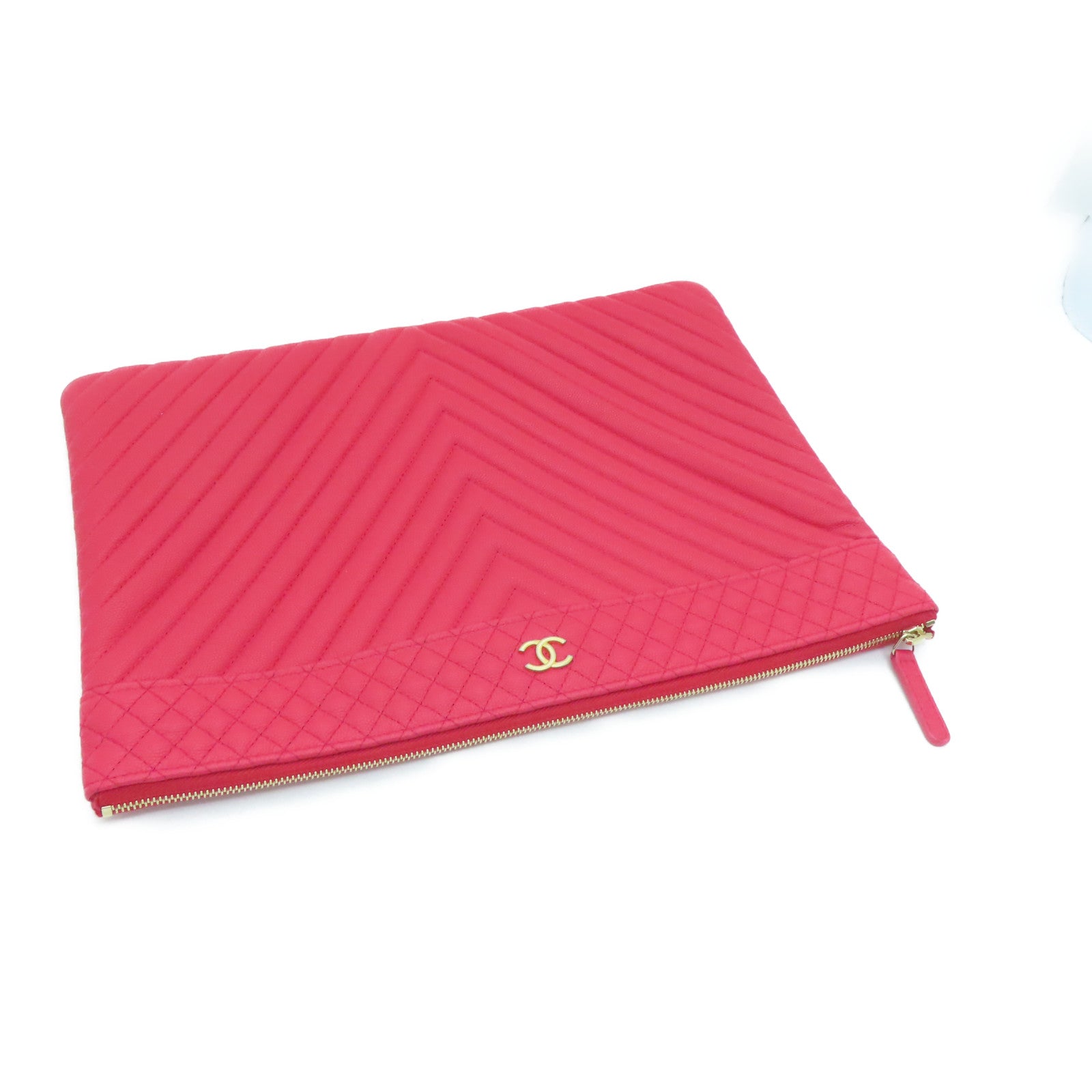 CHANEL Twill Caviar Leather Clutch Gold Buckle Clutch Red