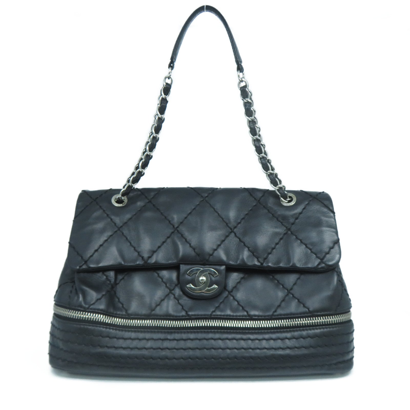 CHANEL 菱格牛皮皮革Chain Shoulder Bag銀扣鏈帶肩背袋黑色