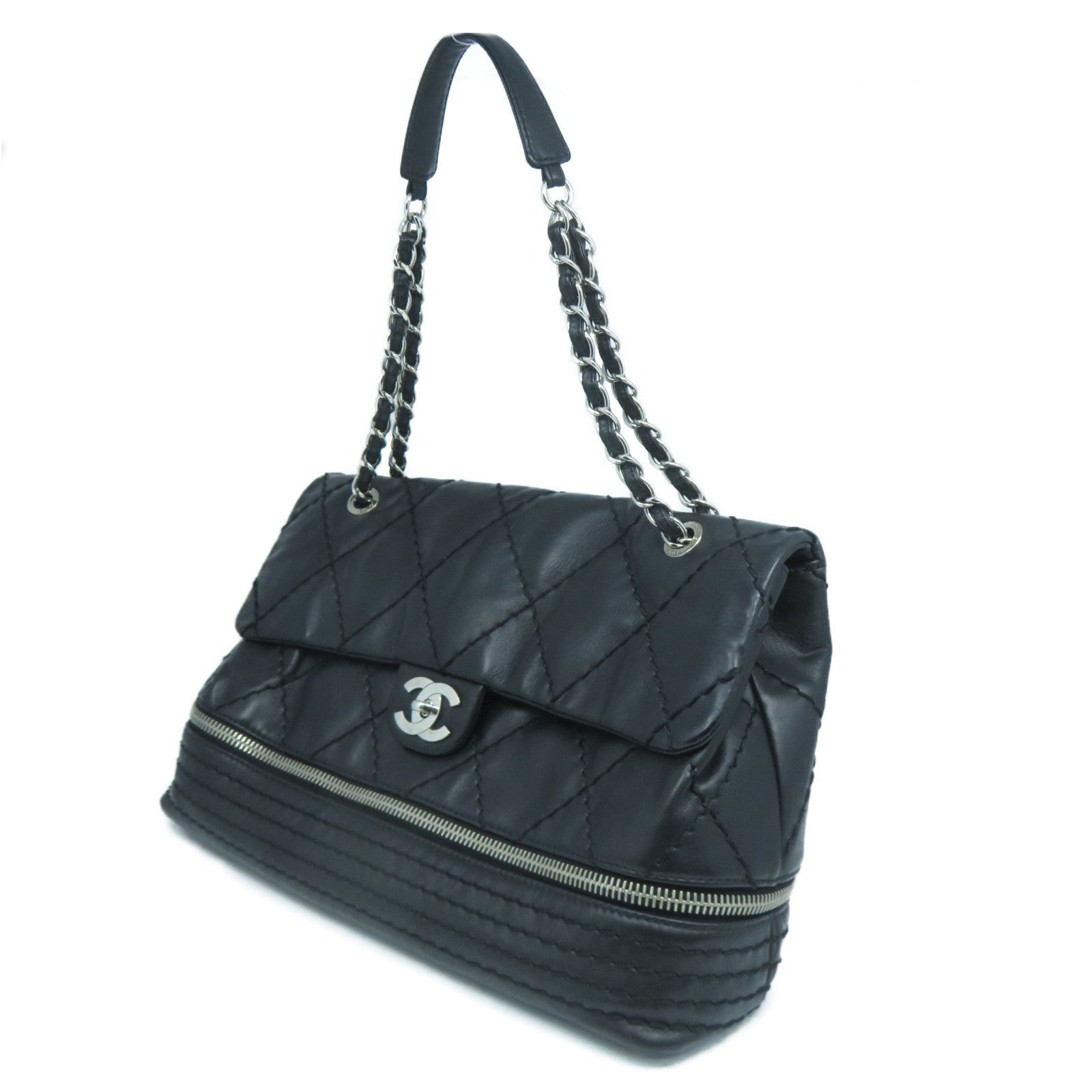 CHANEL 菱格牛皮皮革Chain Shoulder Bag銀扣鏈帶肩背袋黑色