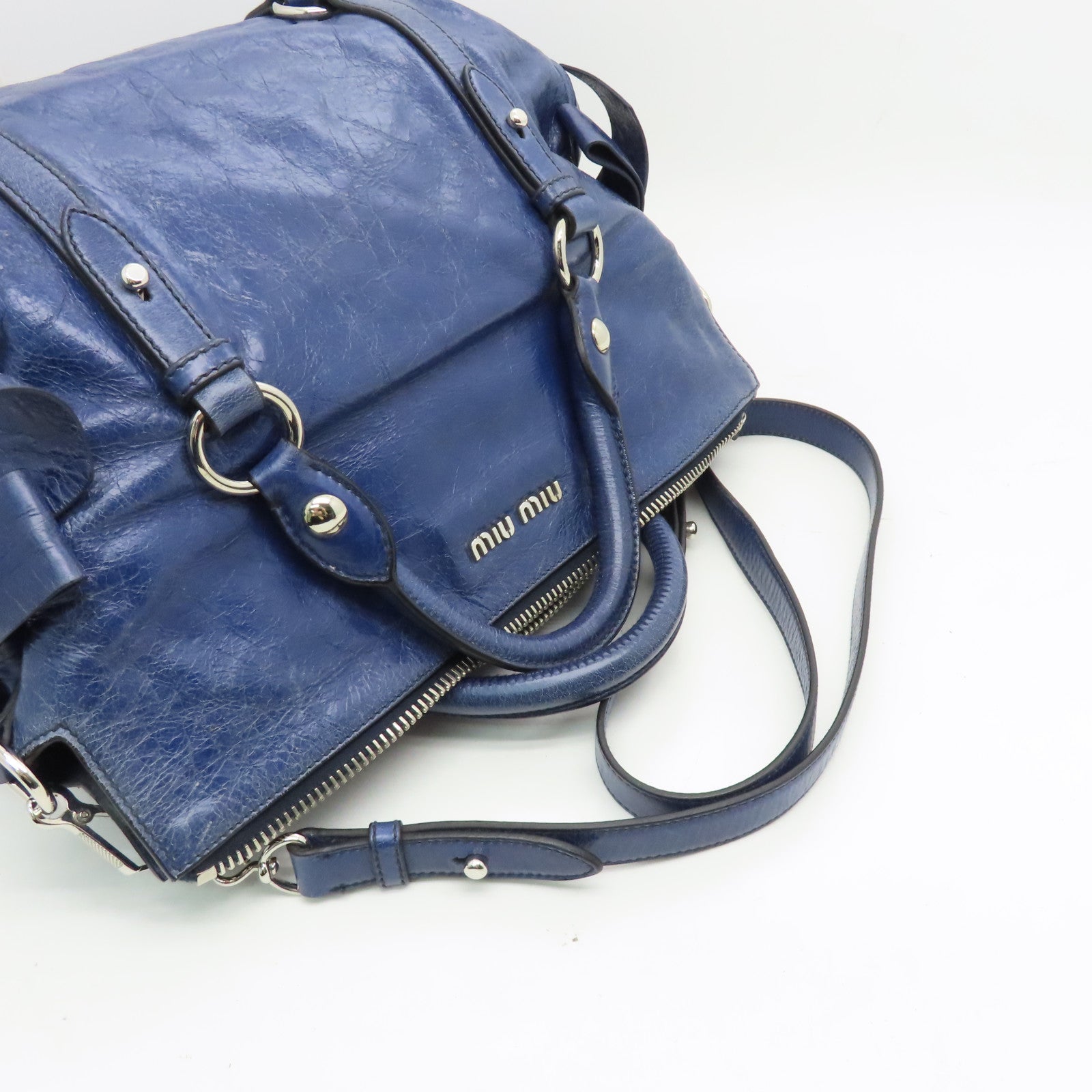 Miu Miu Cowhide Leather 2 Way Shoulder Handle Shoulder Bag Blue