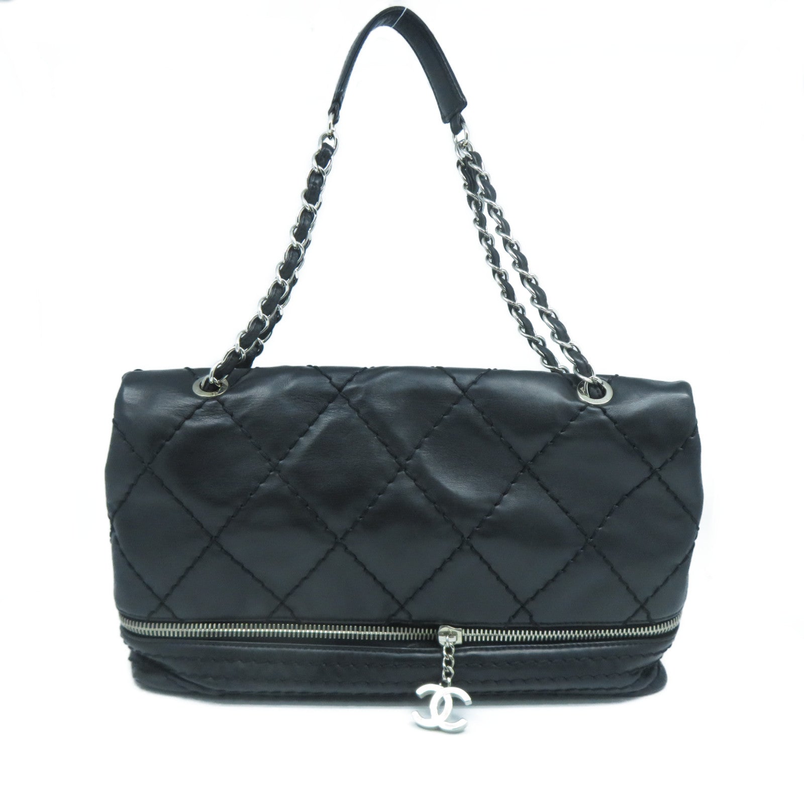 CHANEL 菱格牛皮皮革Chain Shoulder Bag銀扣鏈帶肩背袋黑色