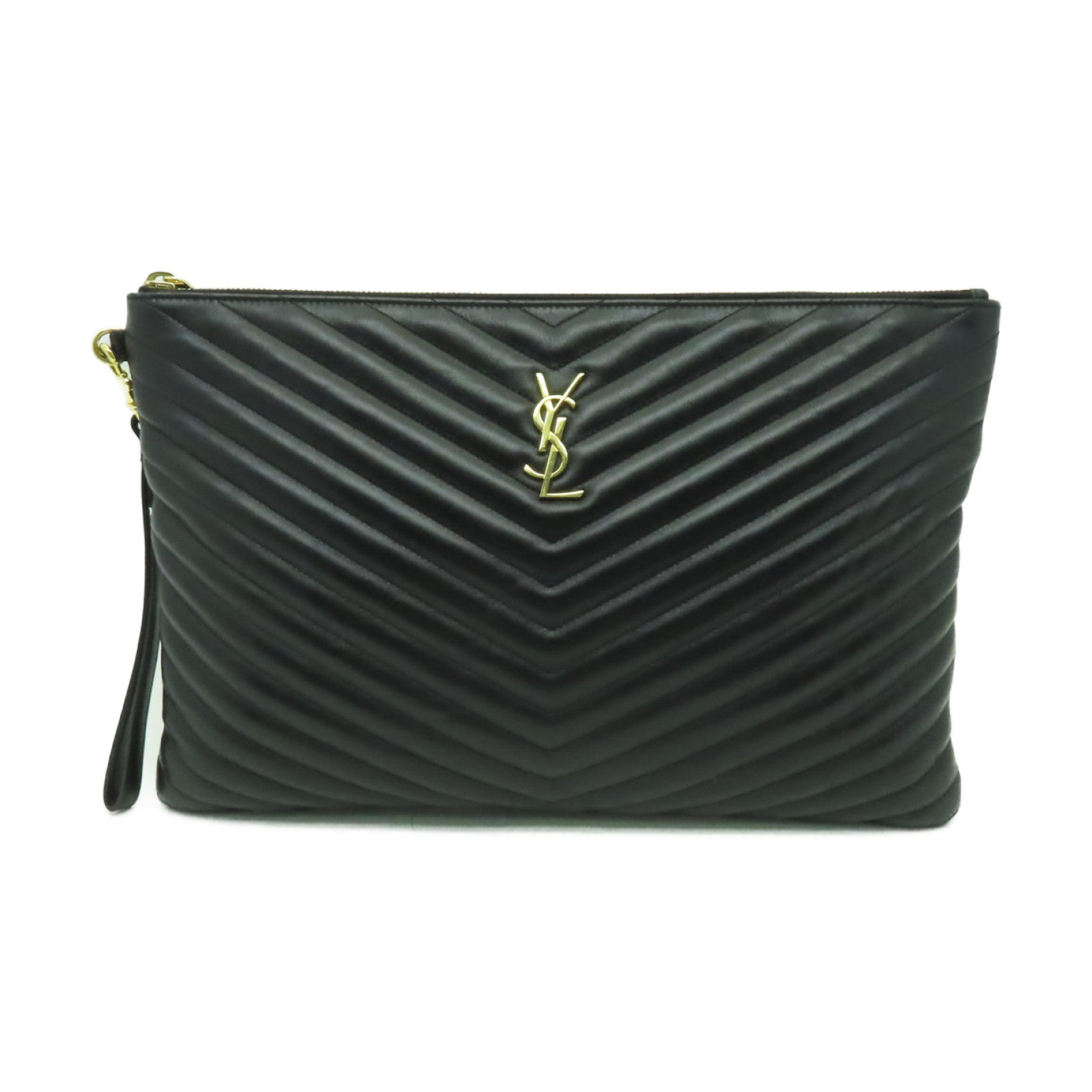 SAINT LAURENT 牛皮皮革Pouch金扣手拿包黑色