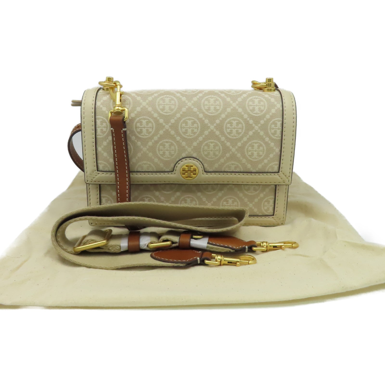 Tory Burch 帆布/牛皮皮革Shoulder Bag肩背袋杏色