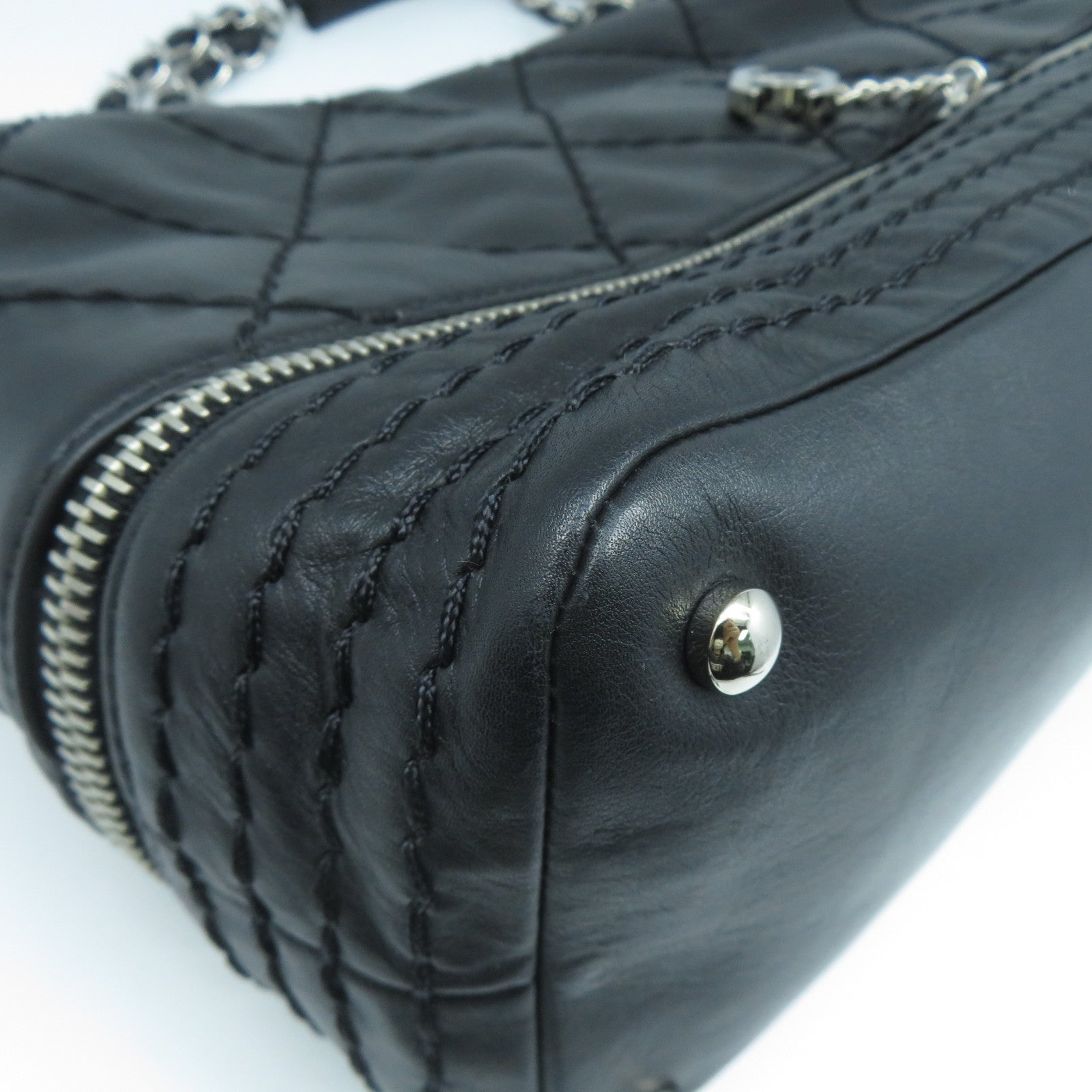 CHANEL 菱格牛皮皮革Chain Shoulder Bag銀扣鏈帶肩背袋黑色