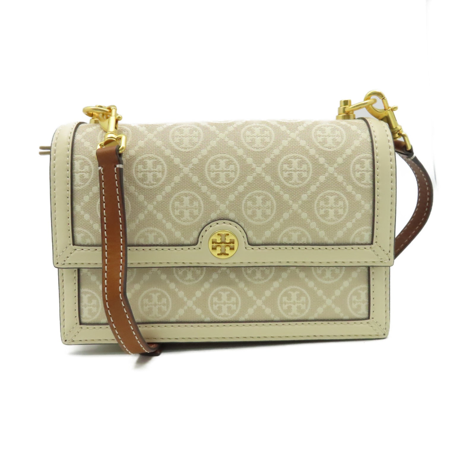 Tory Burch 帆布/牛皮皮革Shoulder Bag肩背袋杏色