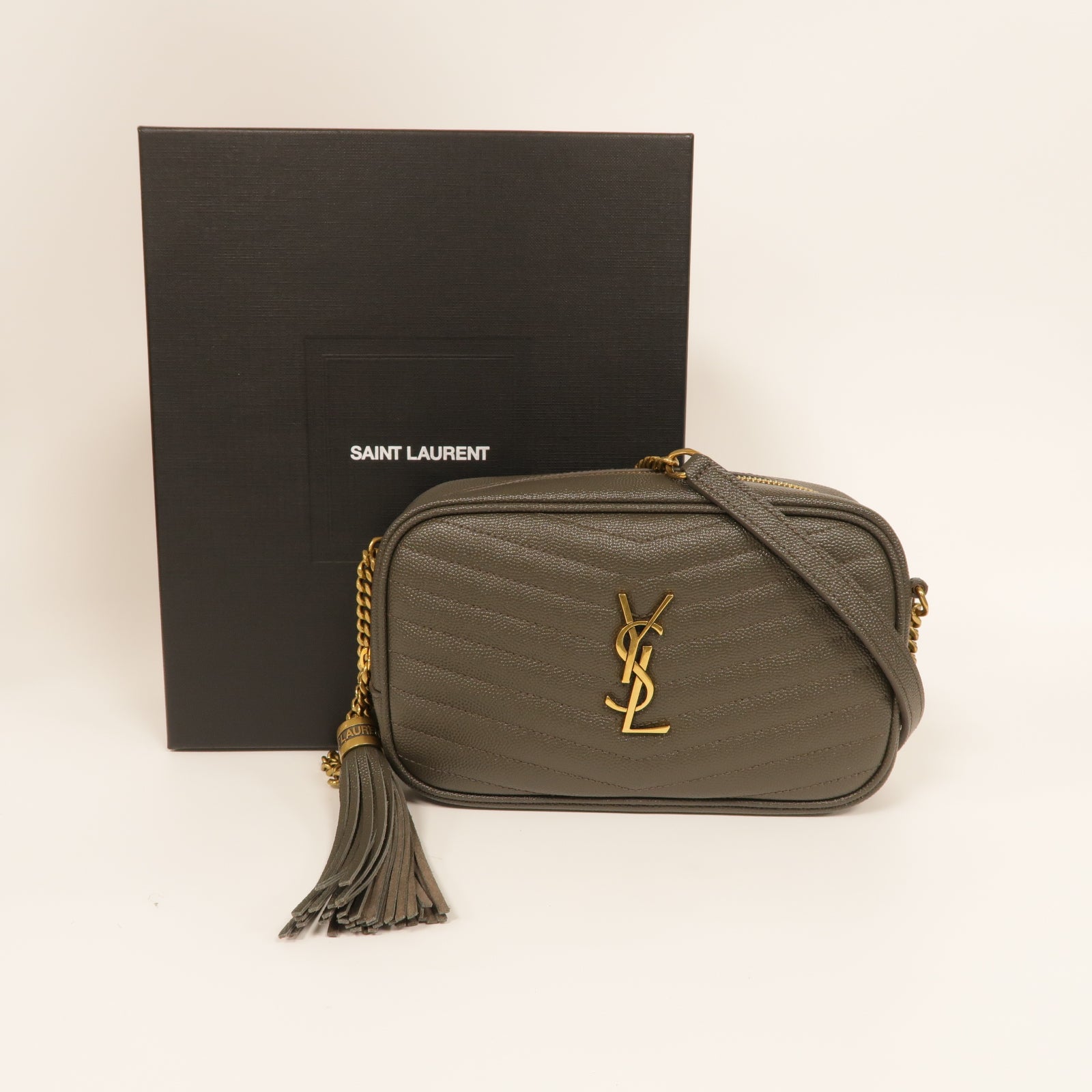 SAINT LAURENT 牛皮皮革Lou Mini Bag金扣鏈帶肩背袋灰色