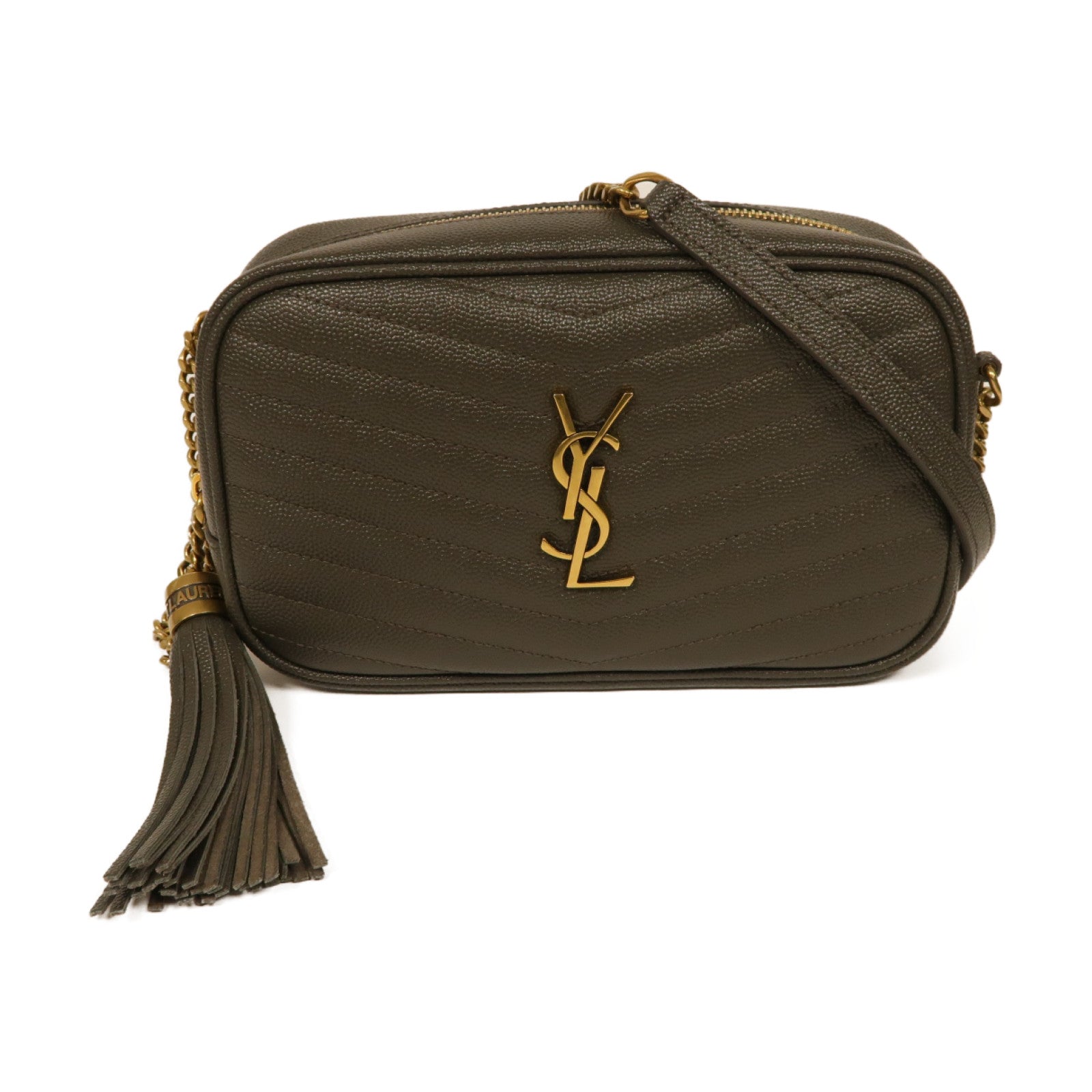 SAINT LAURENT 牛皮皮革Lou Mini Bag金扣鏈帶肩背袋灰色