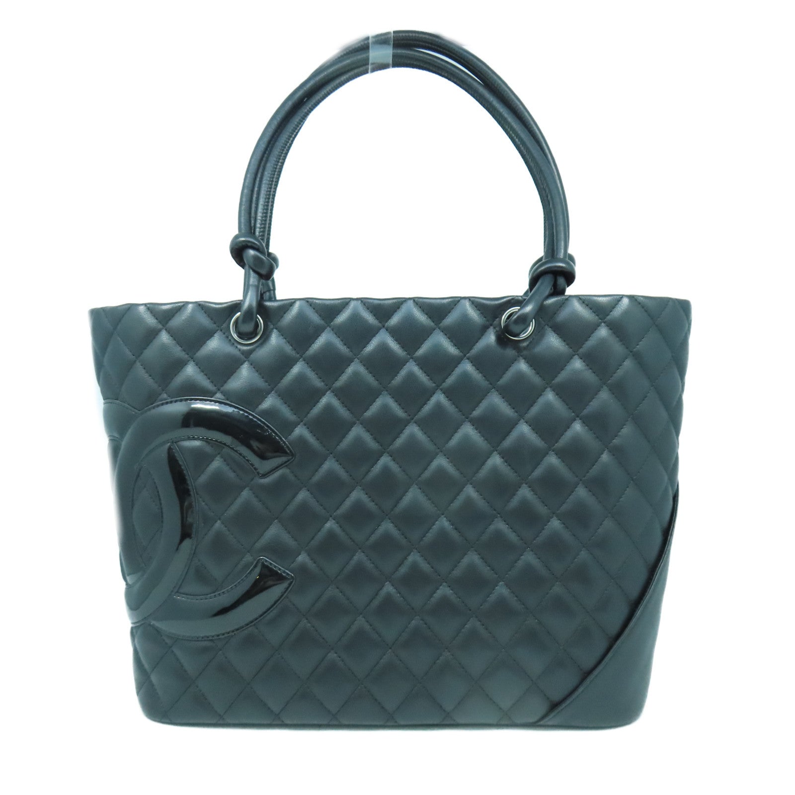 CHANEL 菱格牛皮皮革Cambon Line Totebag銀扣肩背袋黑色