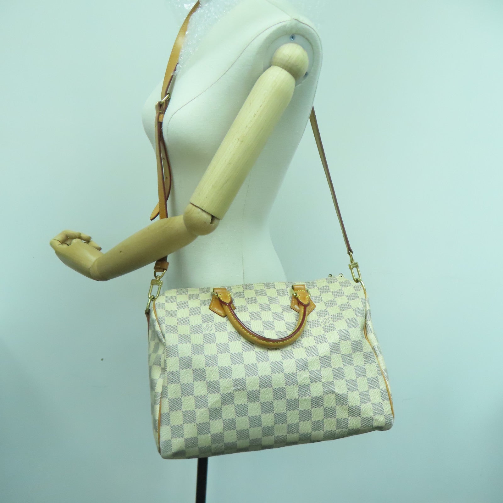 LOUIS VUITTON Damier Azur Speedy 30 Bandouliere金扣手挽肩背兩用袋白色