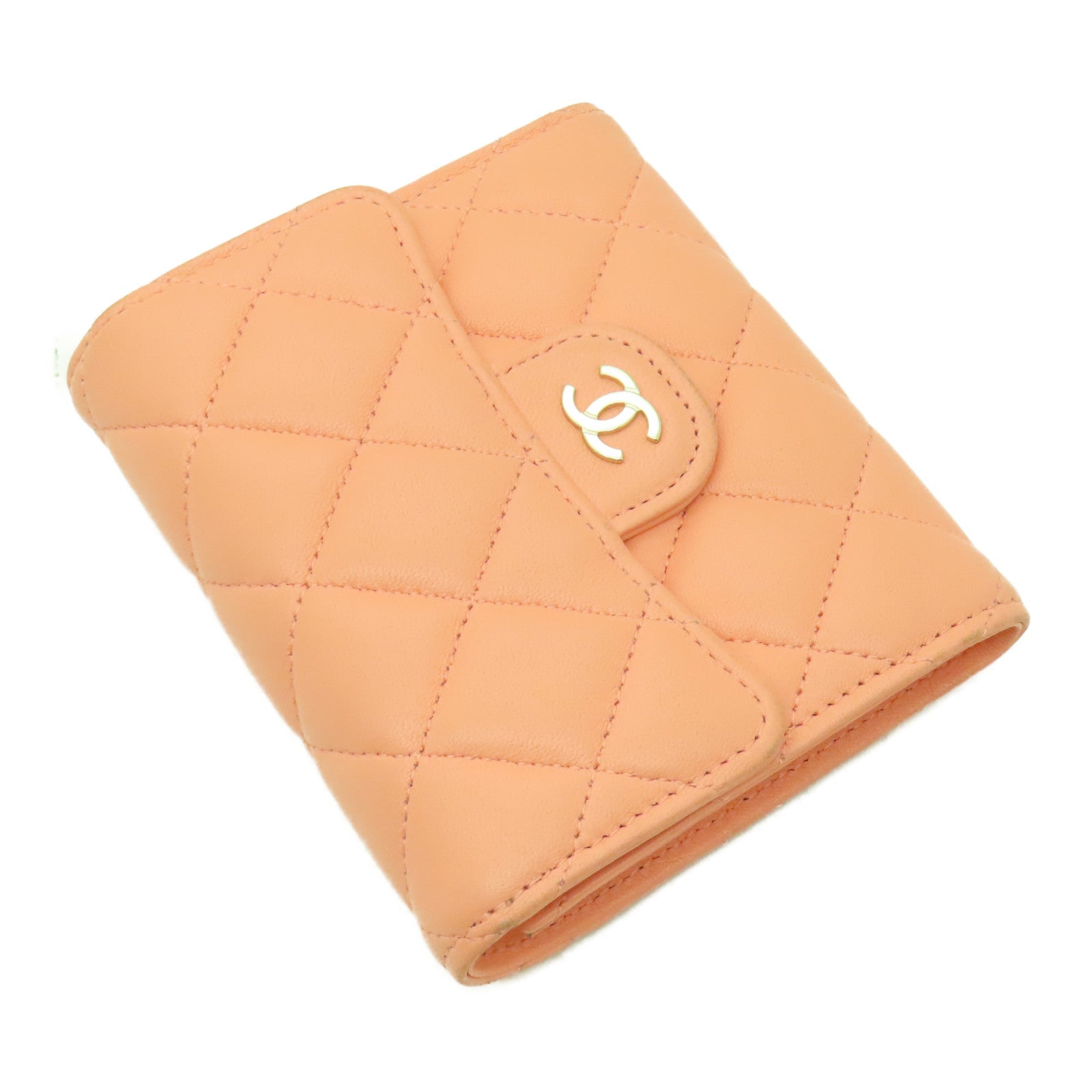 CHANEL 菱格羊皮皮革Wallet銀扣錢包粉橙色
