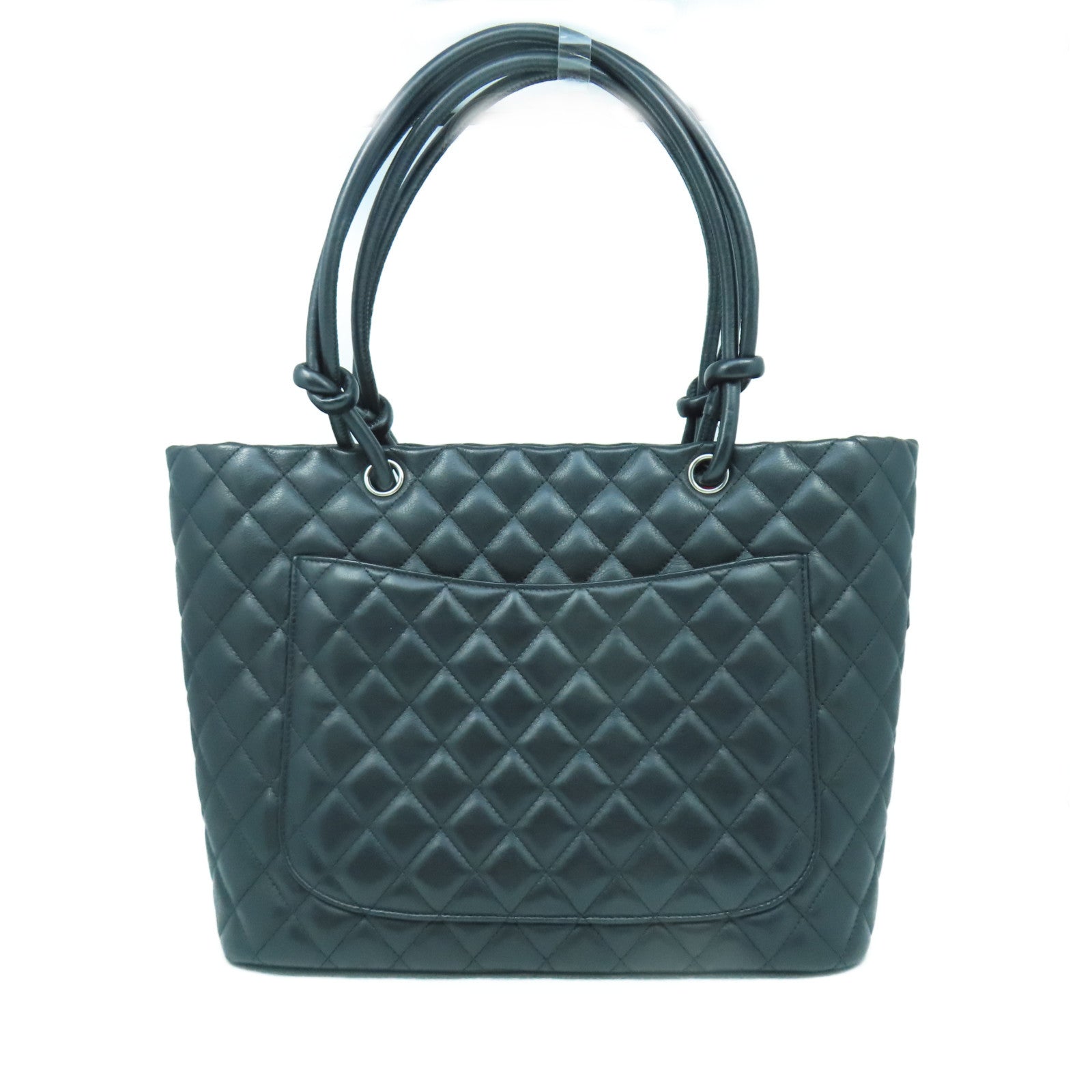 CHANEL 菱格牛皮皮革Cambon Line Totebag銀扣肩背袋黑色