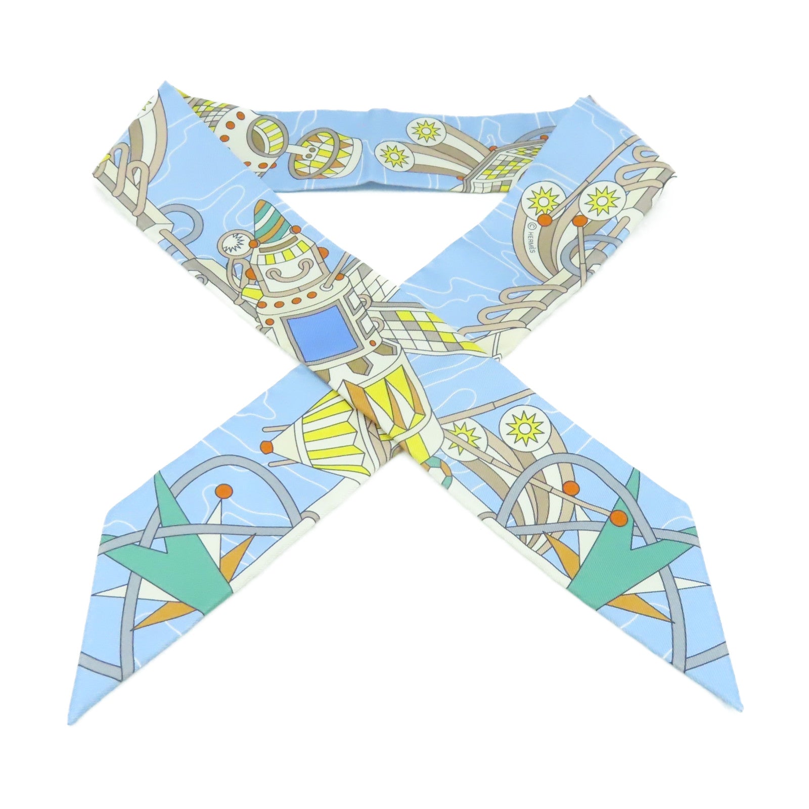 HERMES 絲質Twilly Scarf絲巾淺藍色/彩色