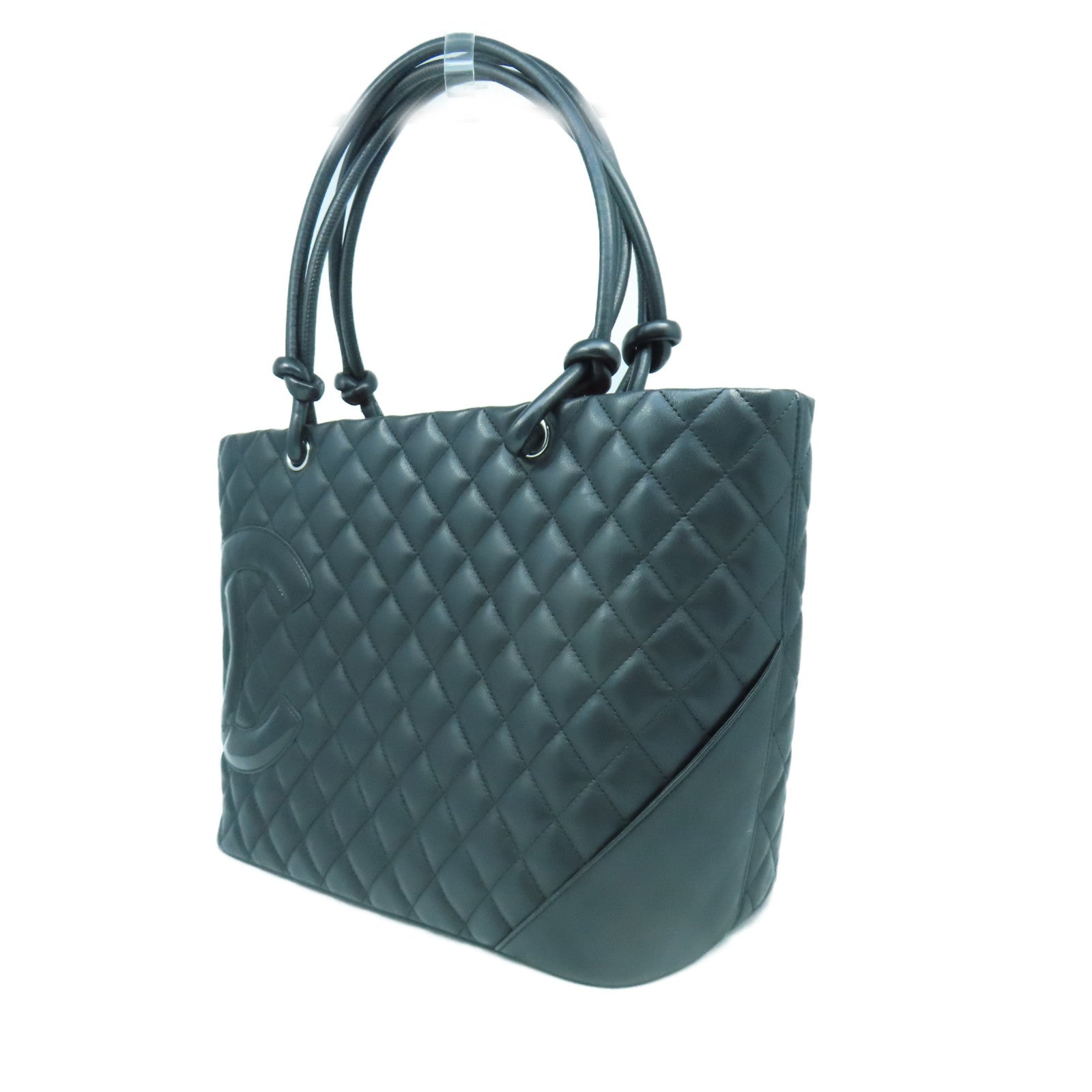 CHANEL 菱格牛皮皮革Cambon Line Totebag銀扣肩背袋黑色