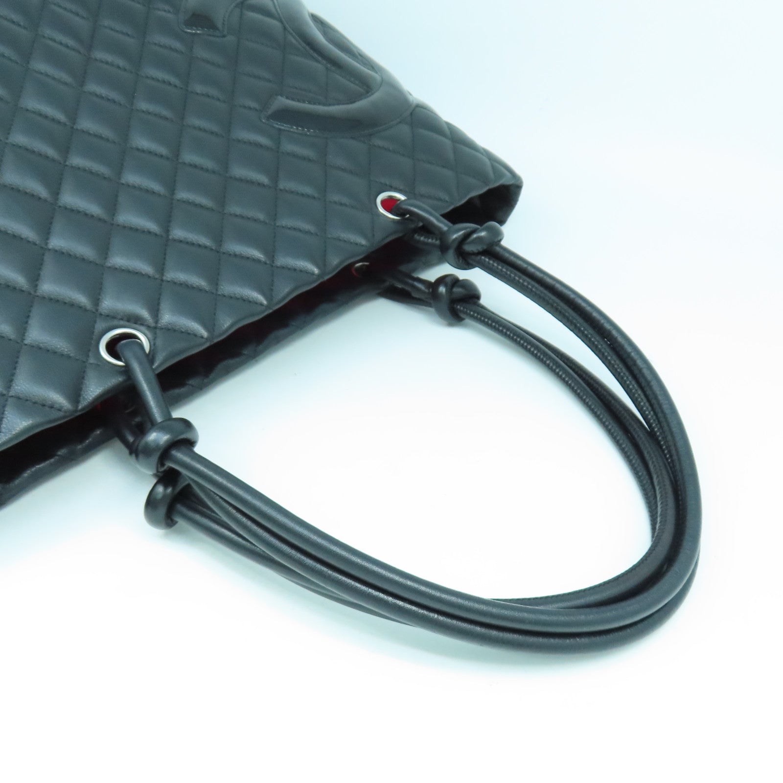 CHANEL 菱格牛皮皮革Cambon Line Totebag銀扣肩背袋黑色
