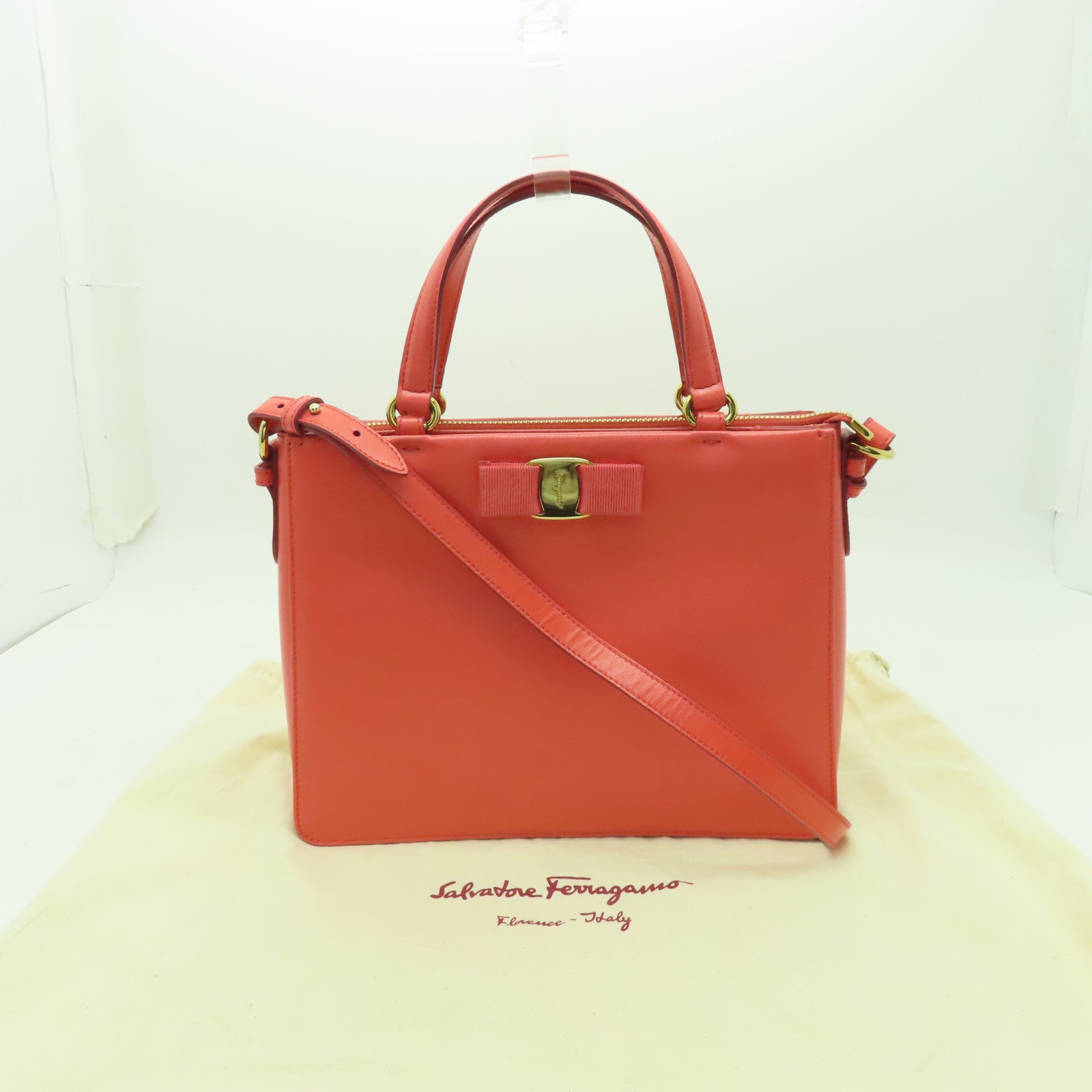 Salvatore Ferragamo 【激減優惠】牛皮皮革2 Way Shoulder金扣手挽肩背兩用袋粉紅色
